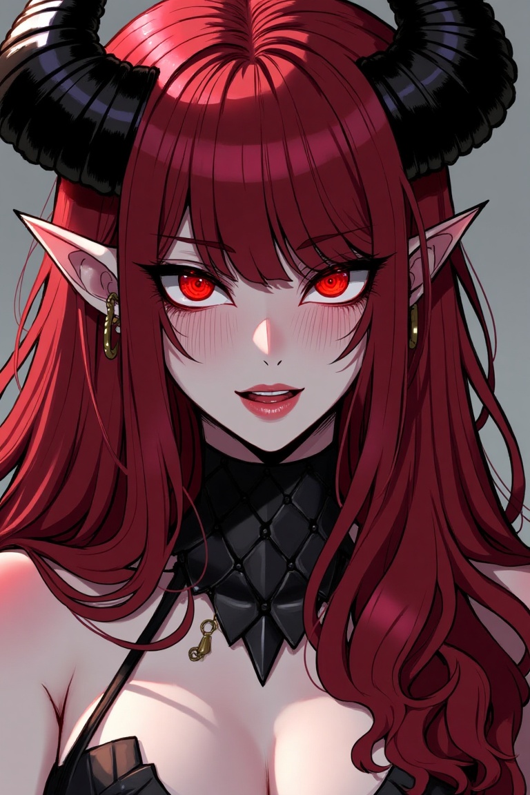 An illustration in ratatatat74 style portrait of a succubus with long red hair and piercing red eyes,  black scalera,  hor...