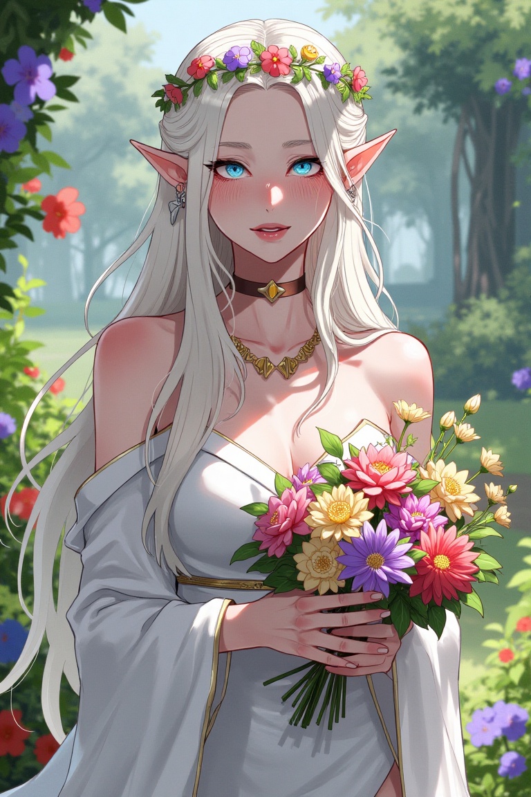 An ratatatat74 illustration style portrait of a beautiful high elf with long white hair and striking blue eyes,  wearing a...