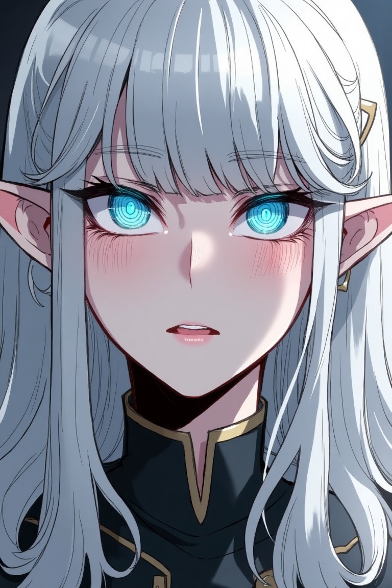 An illustration in ratatatat74 style portrait of a high elf with long white hair and striking blue eye. Face focus. on Ten...