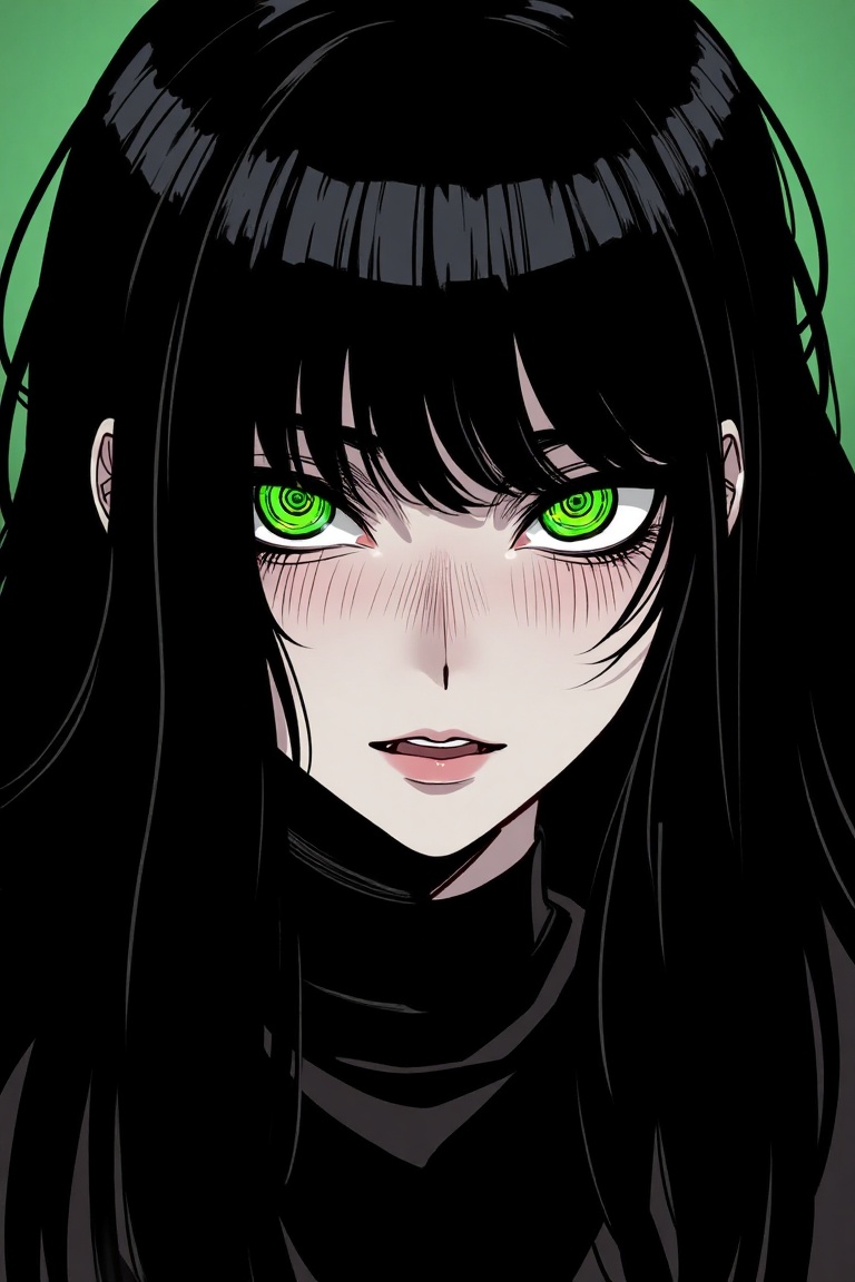 An illustration in ratatatat74 style portrait of a gothic witch with long black hair and piercing green eyes. Face focus....