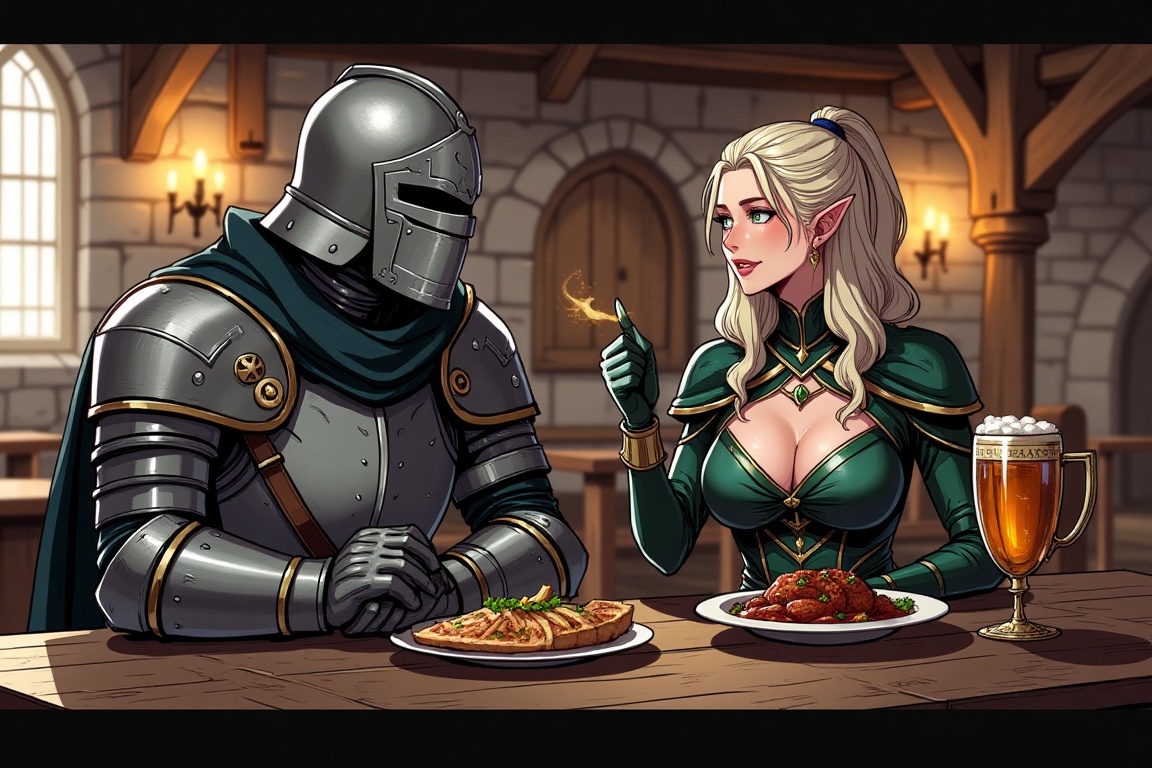An illustration in ratatatat74 style,  depicting two adventurers sitting in a cozy medieval inn. On one side of the wooden...