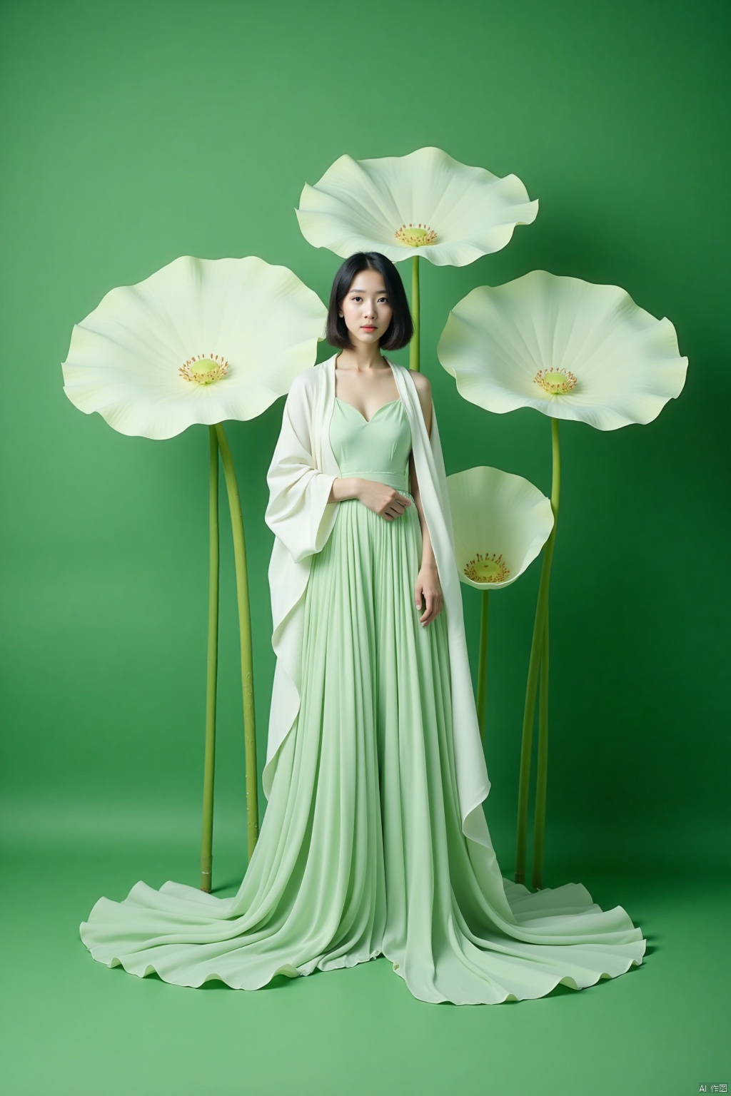 A photo in a lotus leaf,a woman stands in front of a backdrop of large white flowers. The woman's dress,adorned with a light green sleeveless dress,is adorned by a long white robe draped over her shoulders. Her hair is styled in a sleek bob,adding a touch of beauty to the scene. The backdrop is a vibrant green,creating a striking contrast to the white flowers and the woman