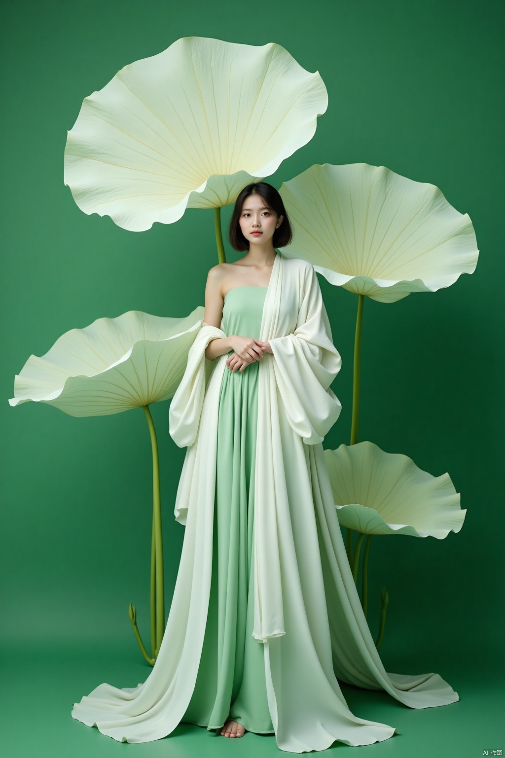 A photo in a lotus leaf,a woman stands in front of a backdrop of large white flowers. The woman's dress,adorned with a light green sleeveless dress,is adorned by a long white robe draped over her shoulders. Her hair is styled in a sleek bob,adding a touch of beauty to the scene. The backdrop is a vibrant green,creating a striking contrast to the white flowers and the woman