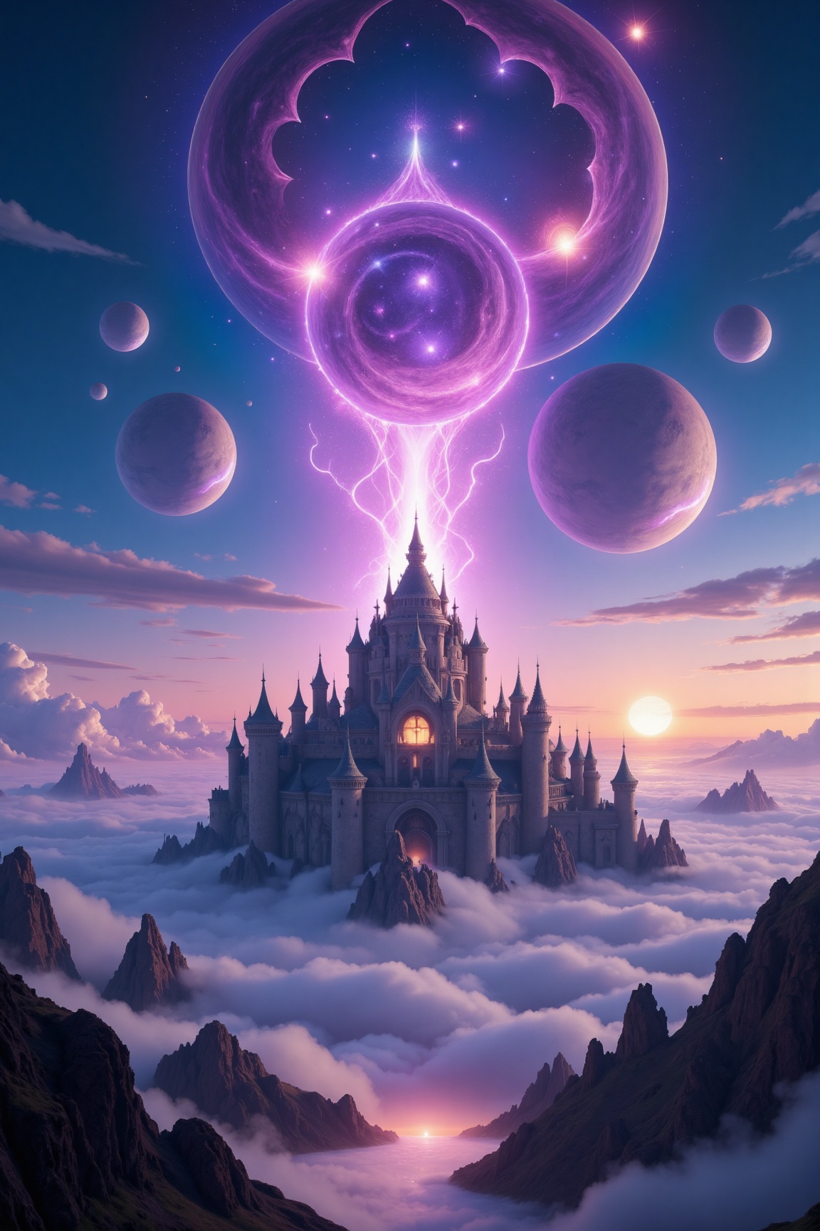 ((master piece)), best quality, (8k, best quality, masterpiece:1.2), ultra-detailed, illustration, big fantasy city, Science fiction, ethereal city, Floating city, many planets in the skies, clouds around, celestial architecture, purple energy scarring around, Giant castle in the center, astral skies
