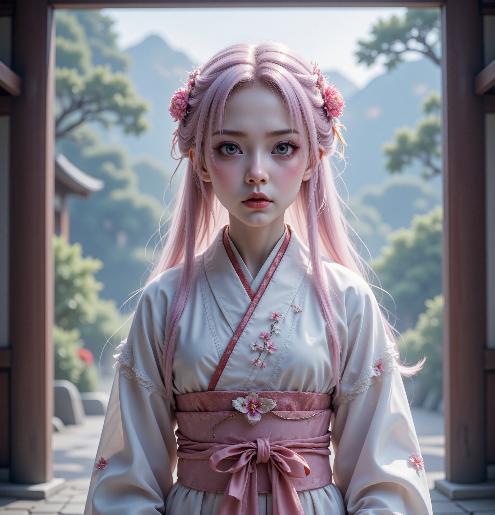 A hyper-realistic, highly detailed, and high-resolution 16k image of a young, beautiful female ghost or guardian spirit. She has light pink hair and translucent skin, and is dressed in a traditional Japanese kimono with a small cherry blossom design on the obi. The image captures the ethereal beauty and mystique of the spirit world. The style is inspired by the delicate, soft aesthetic found in traditional Japanese art
