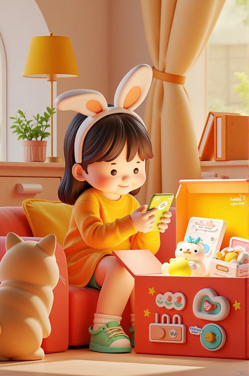 3D illustration of a girl,wearing an orange sweater and bunny ears,sitting on a couch playing a mobile phone game. Next to her is a cat,sitting looking at the girl,an open red box containing a wide variety of products,such as shoes,household appliances,hair accessories,rabbit ears and cat toys,Pixar style,cute color scheme,soft lighting and warm colors,with high resolution,
