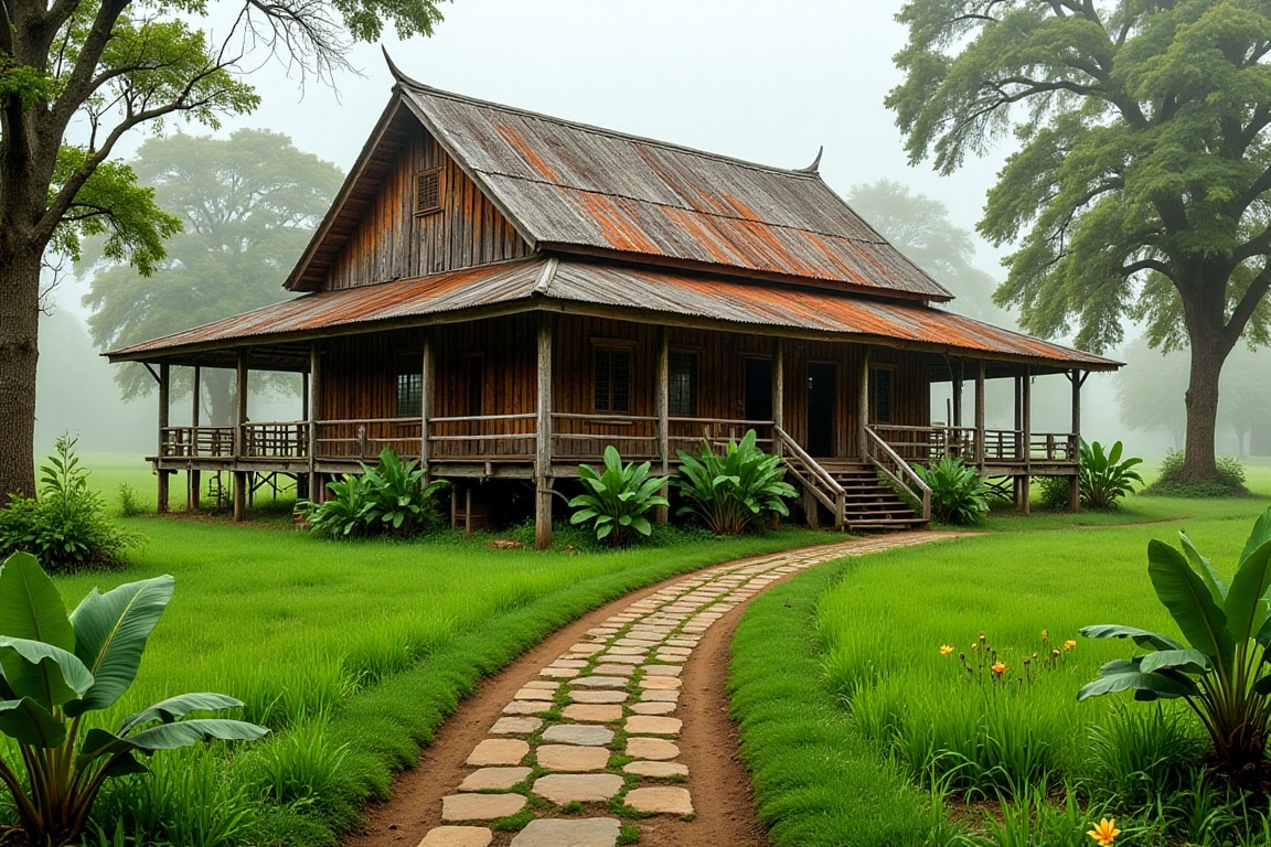 An elegant traditional Malay house with a classic wooden structure, raised on stilts, located in a serene rural setting. The house has a long, steeply pitched roof, decorated with carved wood on the eaves and windows. Tropical plants, like banana trees and hibiscus flowers, surround the house, adding vibrant color. A pathway of stone steps leads up to the open veranda. Realistic lighting and textures, with a focus on traditional Malay architectural elements, highly detailed.,Rumah Kayu