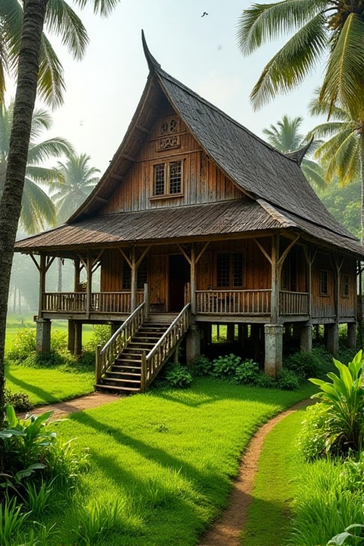 A beautiful traditional Malay wooden house with intricate carvings and raised on stilts, surrounded by lush tropical greenery. The house features a steep, sloped roof with layered gables, open verandas, and latticework on the windows. Sunlight filters through palm trees, casting gentle shadows on the house. A peaceful, natural setting with authenticity in the wood textures and traditional architectural details, photorealistic style.,Rumah Kayu