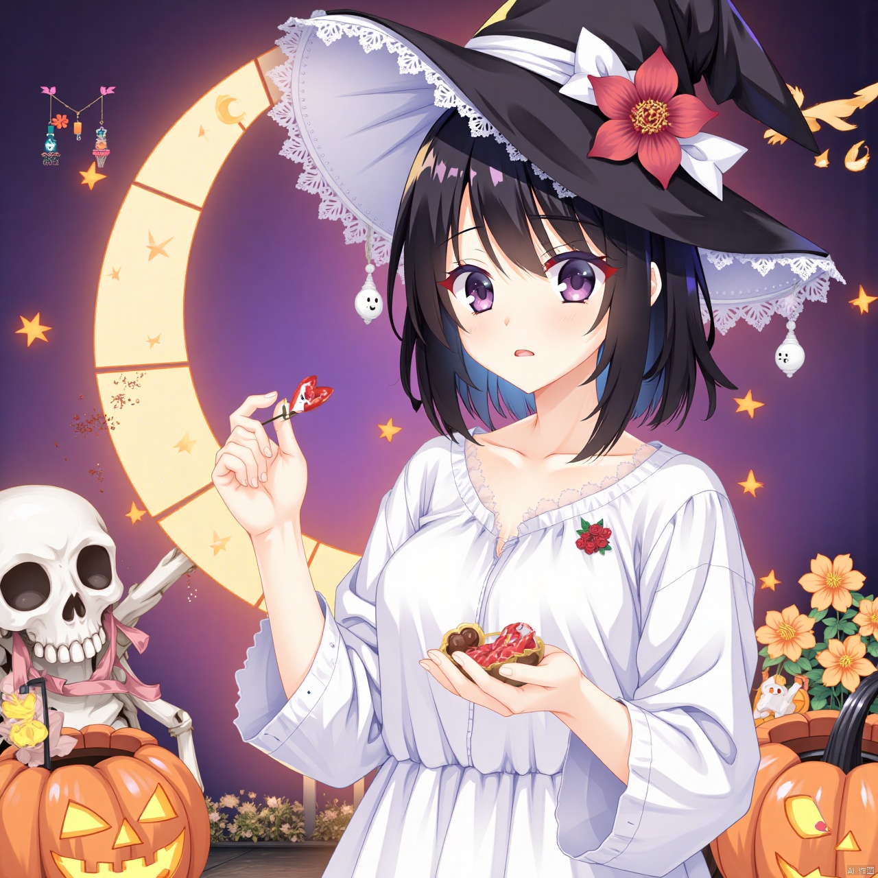 (yuzusoft:1.2),(CG),1girl, solo, looking at viewer, blush, short hair, bangs, black hair, hair ornament, long sleeves, hat, dress, holding, jewelry, upper body, flower, earrings, parted lips, food, hair flower, medium hair, white dress, black eyes, black headwear, makeup, witch hat, red flower, candy, pink flower, halloween, skull, ghost, jack-o'-lantern, red lips, witch, pumpkin, orange flower, halloween bucket,Vaporwave style