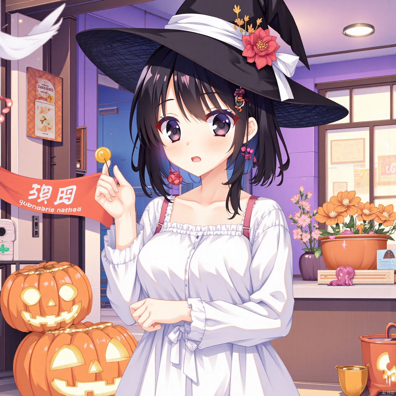 (yuzusoft:1.2),(CG),1girl, solo, looking at viewer, blush, short hair, bangs, black hair, hair ornament, long sleeves, hat, dress, holding, jewelry, upper body, flower, earrings, parted lips, food, hair flower, medium hair, white dress, black eyes, black headwear, makeup, witch hat, red flower, candy, pink flower, halloween, skull, ghost, jack-o'-lantern, red lips, witch, pumpkin, orange flower, halloween bucket,Vaporwave style