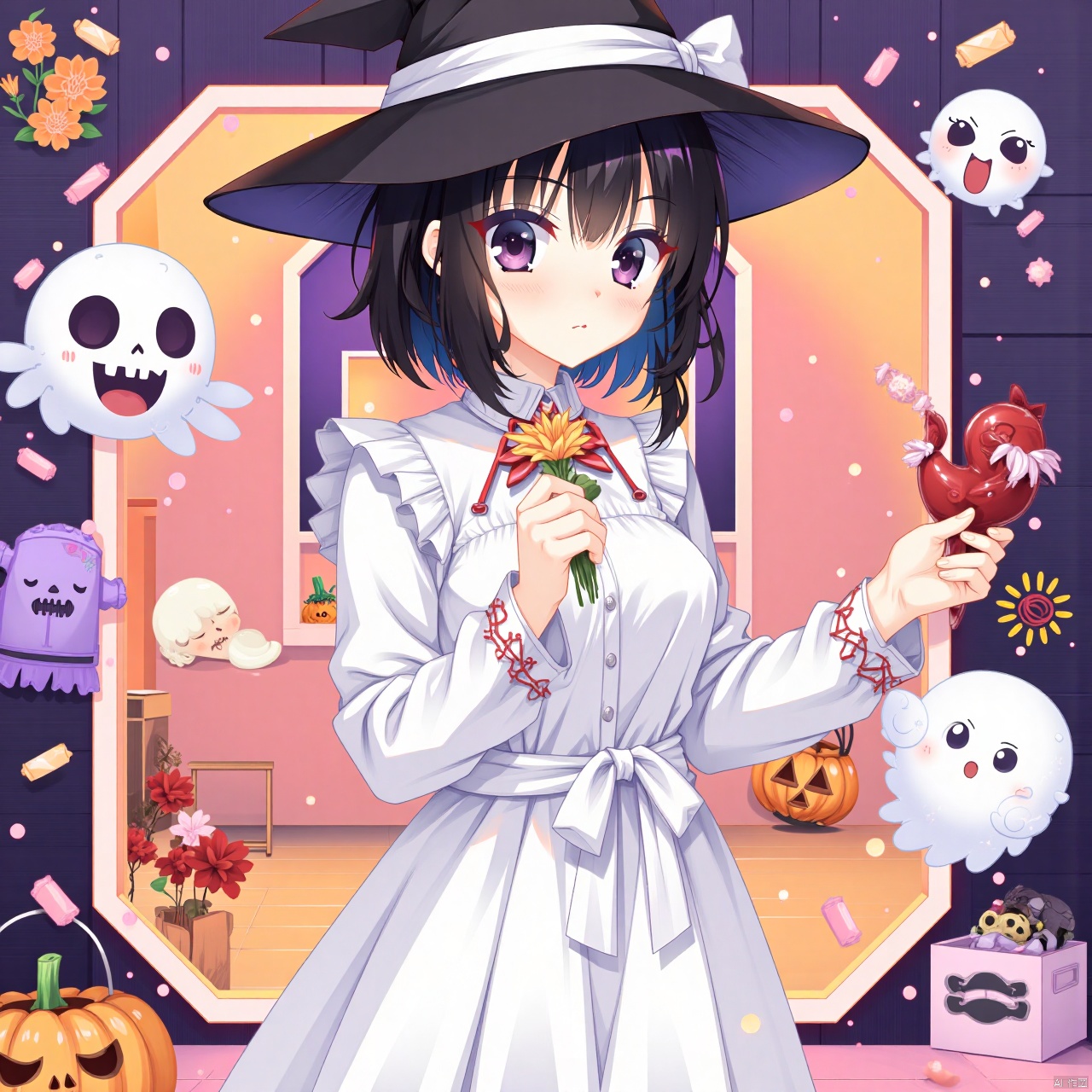 (yuzusoft:1.2),(CG),1girl, solo, looking at viewer, blush, short hair, bangs, black hair, hair ornament, long sleeves, hat, dress, holding, jewelry, upper body, flower, earrings, parted lips, food, hair flower, medium hair, white dress, black eyes, black headwear, makeup, witch hat, red flower, candy, pink flower, halloween, skull, ghost, jack-o'-lantern, red lips, witch, pumpkin, orange flower, halloween bucket,Vaporwave style