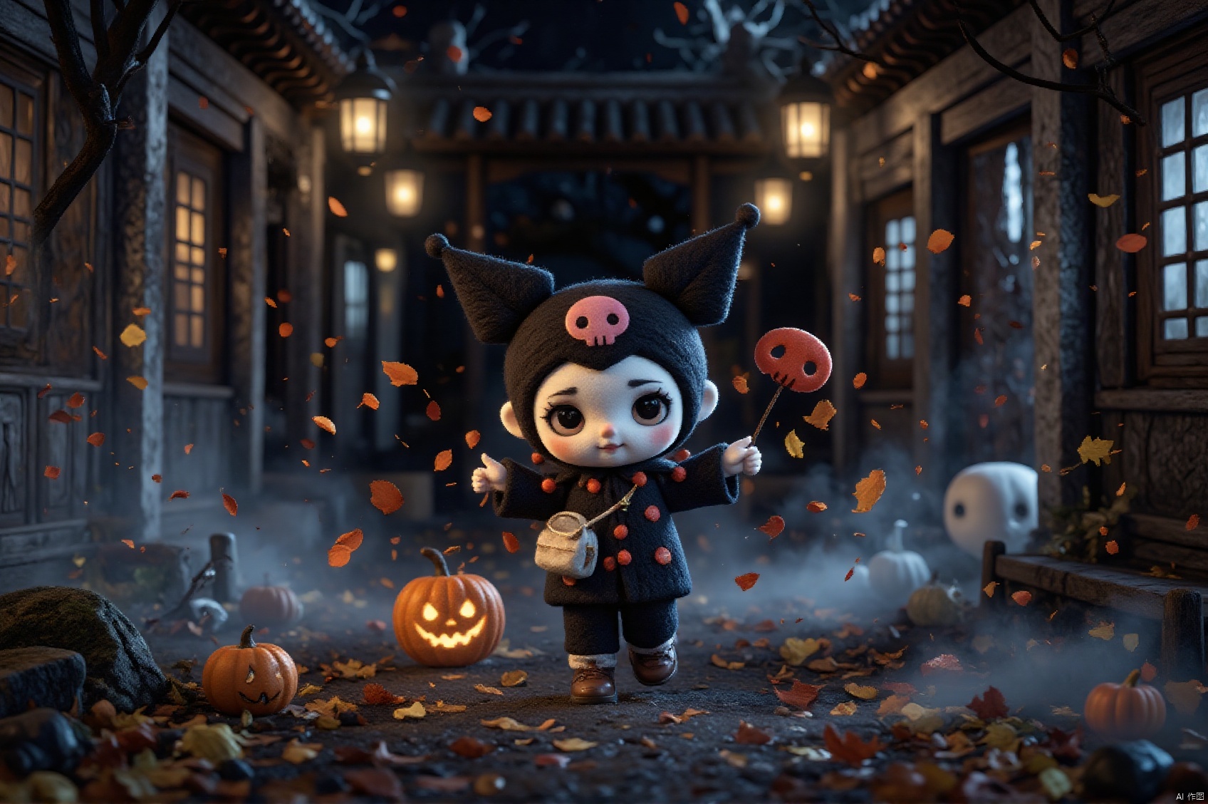 An   kuromi walking through an ancient Suzhou street at night in autumn. with shadows dancing across the old stone buildings. Fallen autumn leaves crunch beneath her feet as she walks toward a small bridge, the quiet sound of the canal water echoing in the night. The atmosphere is calm and mystical, with the cool autumn night wrapping the scene in a gentle stillness.8k, CG,best quality,HDR,UHD,camera uses 35mm f/2.0 wide-angle lens, uses 35mm f/2.0 wide-angle lens