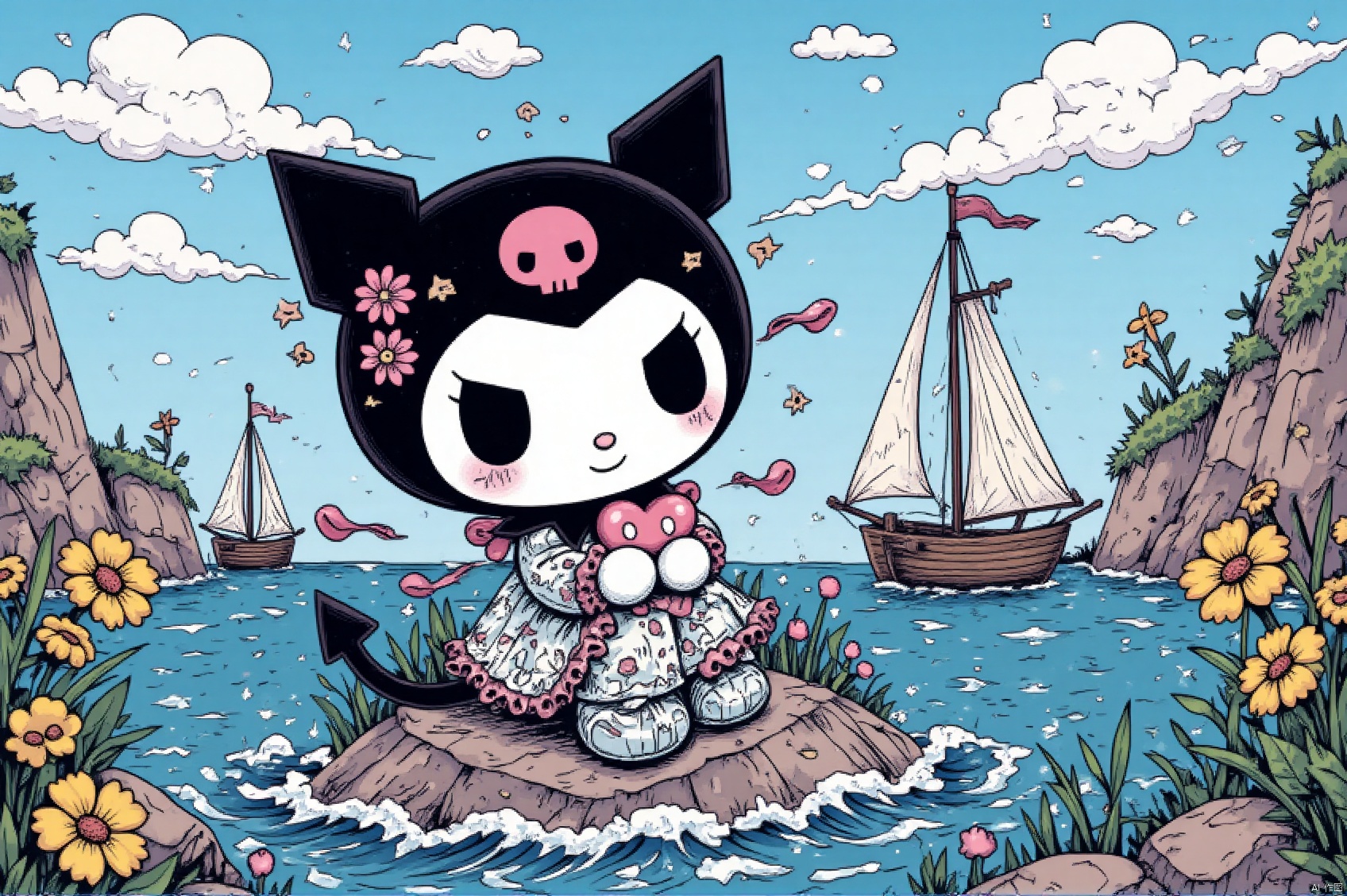kuromi sitting on a rocky outcropping amidst a serene bay, with gentle waves lapping at her paws. A soft white cloud drifts lazily across the sky, contrasting with the vibrant yellow of the nearby flowers. The warm sunlight casts a golden glow on Hello Kitty's adorable face and sparkles on the water's surface.