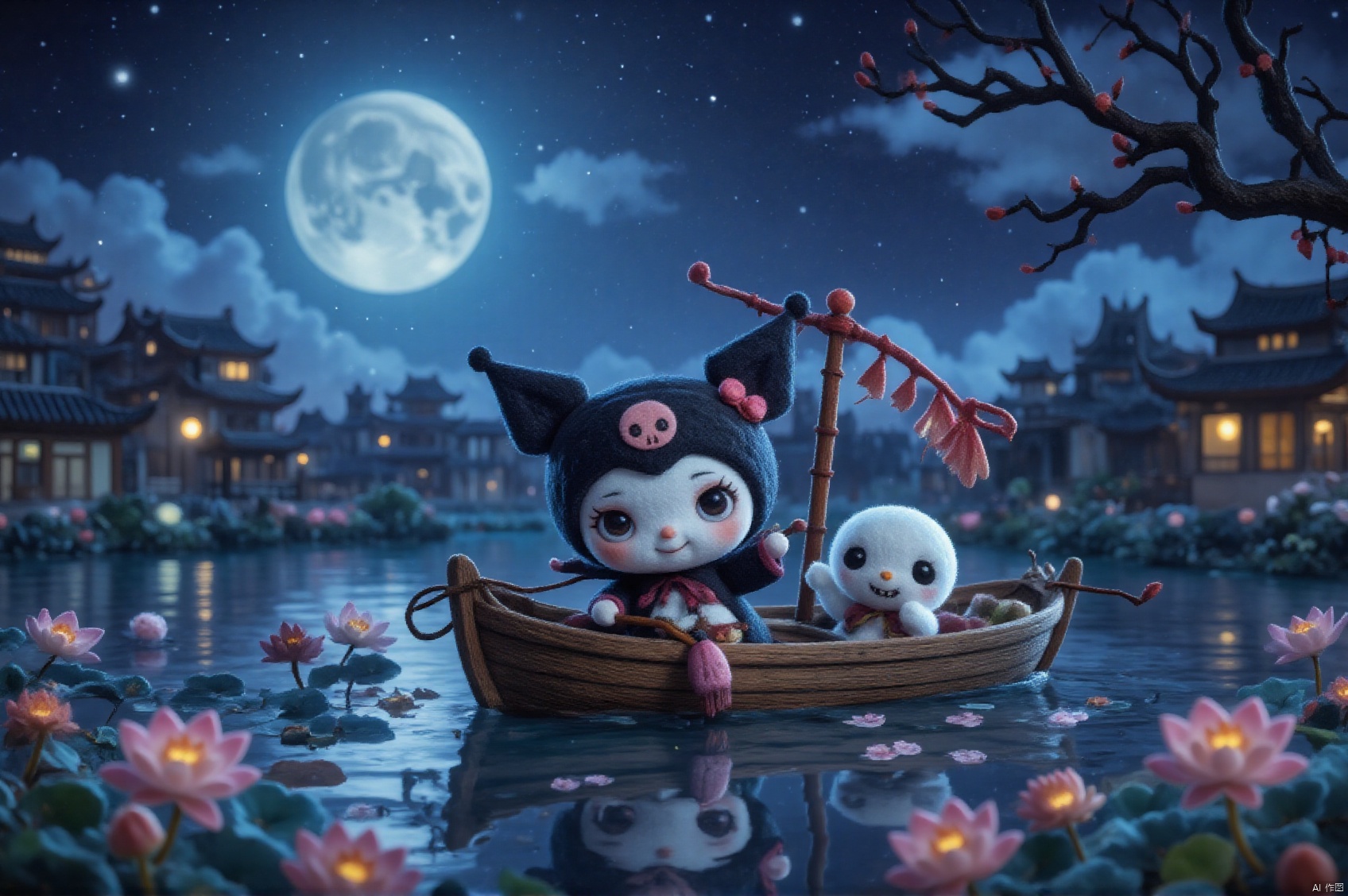 Felt style,a cute cartoon kuromi in a chinese wooden boat on the lake, with a giant glowing moon on the boat. Lotus flowers and golden Osmanthus flowers around the lake,chinese buildings and clouds in the background.Playful character design, 3D Cartoon style, miniature scene ,8k, CG,best quality,HDR,UHD,camera uses 35mm f/2.0 wide-angle lens, uses 35mm f/2.0 wide-angle lens,oil painting,OByouhua