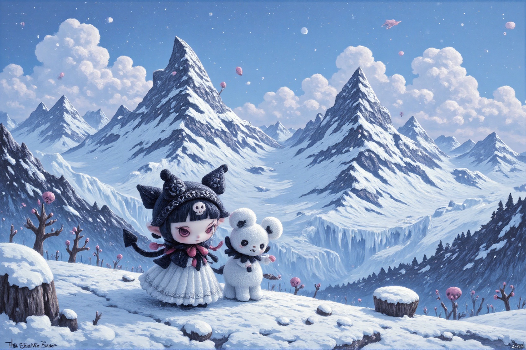 Kuromi is at the foot of the mountain,oil painting,OByouhua, A classic oil painting capturing a snow-covered mountain range, with majestic peaks piercing the frosty sky. The snow is rendered in a variety of shades, from pristine white to icy blues and grays, with carefully layered brushstrokes to depict depth and texture. The light, reflecting off the snow, creates a dazzling spectacle.