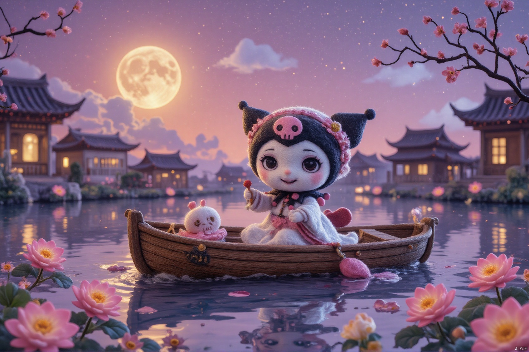 Felt style,Pink Sky,a cute cartoon kuromi in a chinese wooden boat on the lake, with a giant glowing moon on the boat. Lotus flowers and golden Osmanthus flowers around the lake,chinese buildings and clouds in the background.Playful character design, 3D Cartoon style, miniature scene ,8k, CG,best quality,HDR,UHD,camera uses 35mm f/2.0 wide-angle lens, uses 35mm f/2.0 wide-angle lens,oil painting,OByouhua,