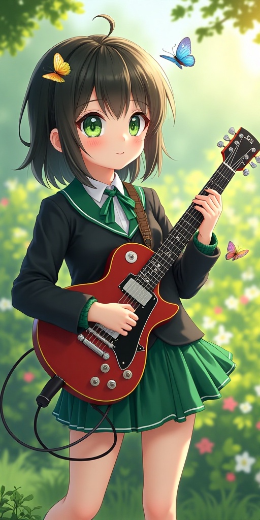A cute anime girl in a black and green school uniform,  playing a guitar with piercing green eyes,  standing in a school g...