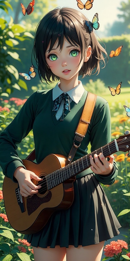 A cute anime girl in a black and green school uniform,  playing a guitar with piercing green eyes,  standing in a school g...