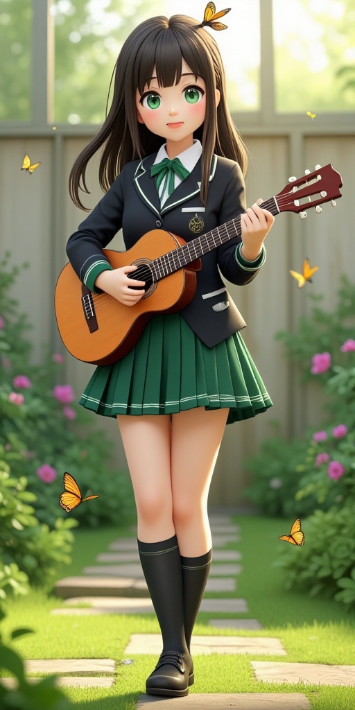 A cute anime girl in a black and green school uniform,  playing a guitar with piercing green eyes,  standing in a school g...