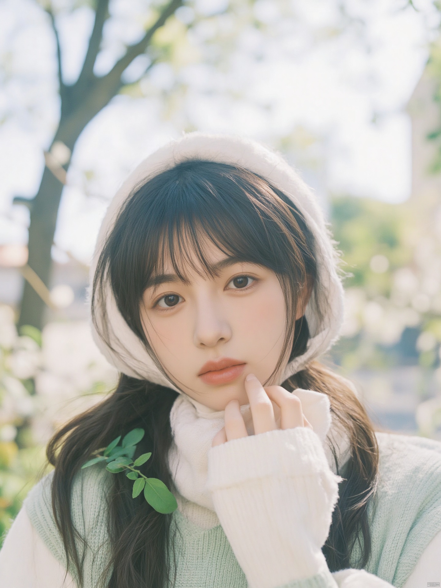 Fujifilm\(hubggirl)\, Captured from a low-angle perspective on a sunny day, a young Asian girl with long dark brown hair, wearing a white bunny ears cap, a light green sweater, and a white scarf around her neck. her left hand is positioned in front of her face. The background is blurred, with a tree and a building visible in the distance.