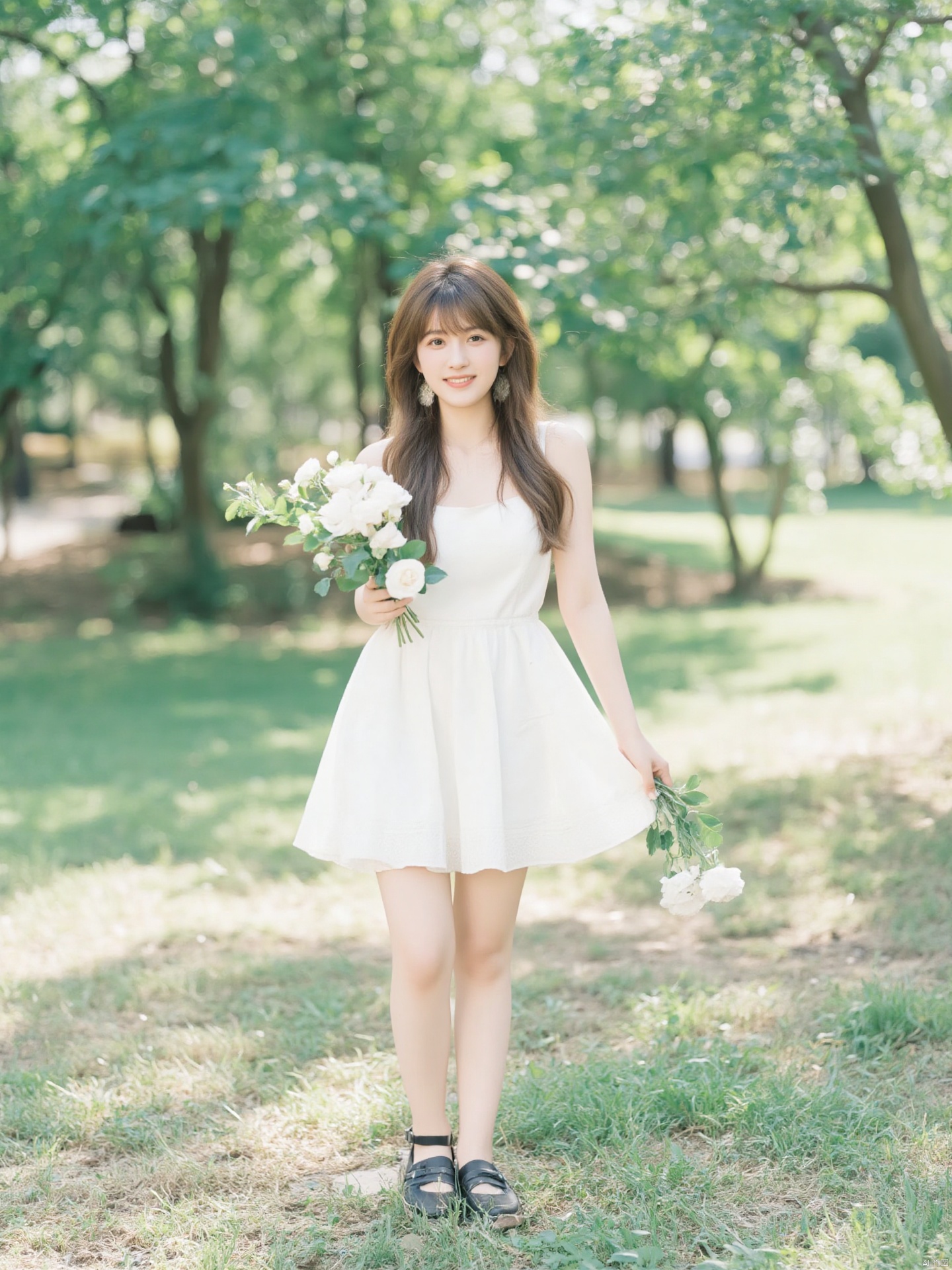 Fujifilm\(hubggirl)\, Captured at eye-level on a sunny day, a young Asian woman, dressed in a white dress and black shoes, is holding a bouquet of white roses in her right hand. She is standing on a patch of grass, with her left leg bent at the knee. The woman's hair is long and cascades in a ponytail, and she is smiling. The background is blurred, suggesting a forest of trees. The sun is shining, creating a soft glow on the scene.