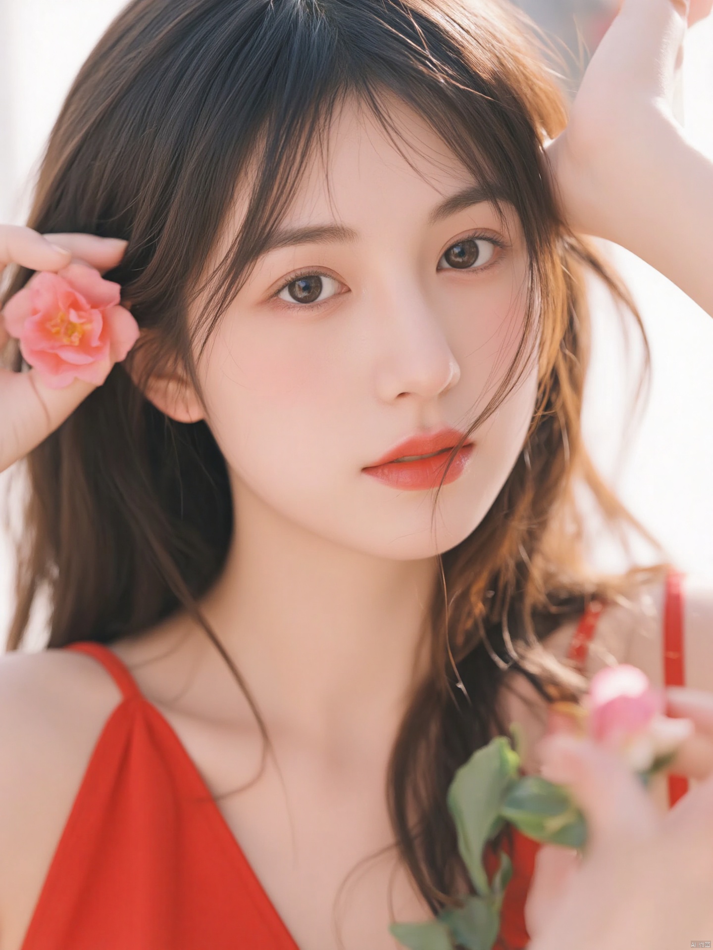 Fujifilm\(hubggirl)\, a close-up shot of a young Asian woman with long dark brown hair, wearing a red sleeveless dress, is adorned with a white smile. Her lips are painted with red lipstick, adding a pop of color to her face. The woman's hair is pulled back, cascading down her shoulders, framing her forehead. She is holding a flower in her right hand, her left hand resting on her head. The background is blurred, creating a soft glow on the woman's face.