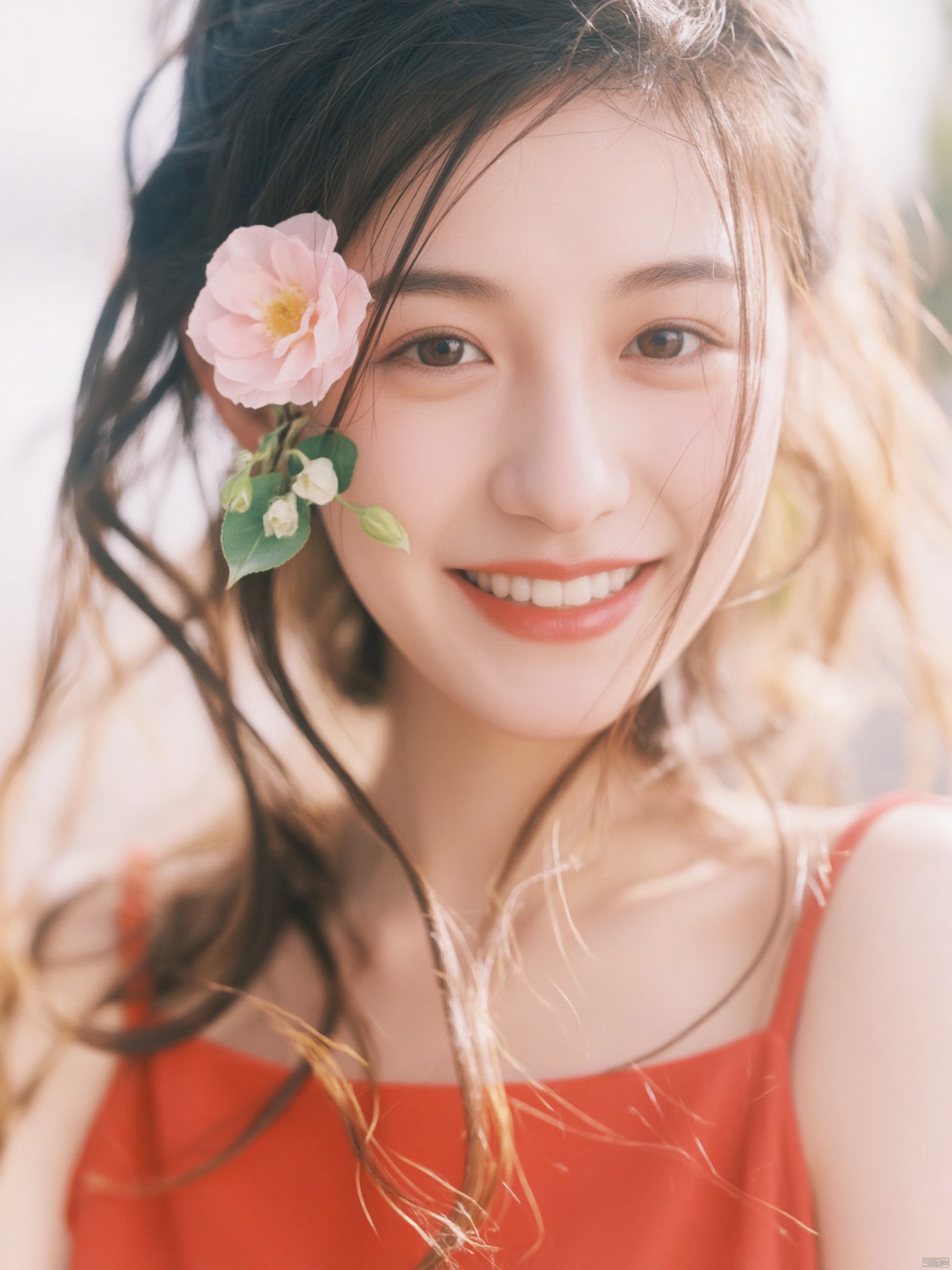 Fujifilm\(hubggirl)\, a close-up shot of a young Asian woman with long dark brown hair, wearing a red sleeveless dress, is adorned with a white smile. Her lips are painted with red lipstick, adding a pop of color to her face. The woman's hair is pulled back, cascading down her shoulders, framing her forehead. She is holding a flower in her right hand, her left hand resting on her head. The background is blurred, creating a soft glow on the woman's face.