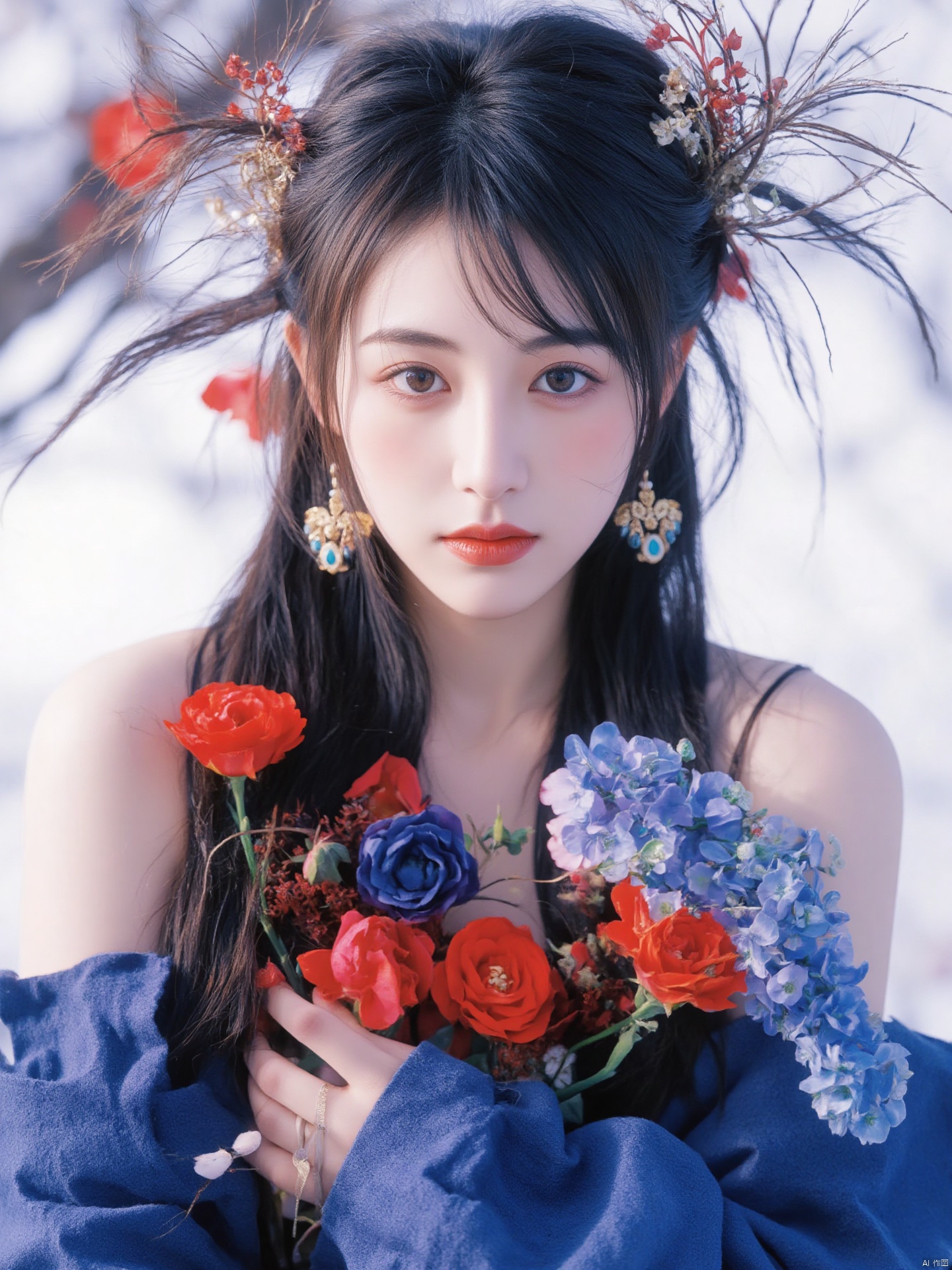 Fujifilm\(hubggirl)\, A mystical Chinese beauty stands solo, gazing directly at the viewer. Her piercing blue eyes sparkle under a cascade of black hair adorned with a hair ornament and tassel. She wears intricate jewelry, including earrings that catch the light. A stunning red flower rests on her upper body, surrounded by long sleeves with wide cuffs. Her fingernails are painted to match the red hue, and her eyelashes flutter delicately. A talisman hangs from her neck, adding to the blue theme. The model's makeup is subtle yet striking, with a focus on eyeshadow that complements her ethereal gaze.