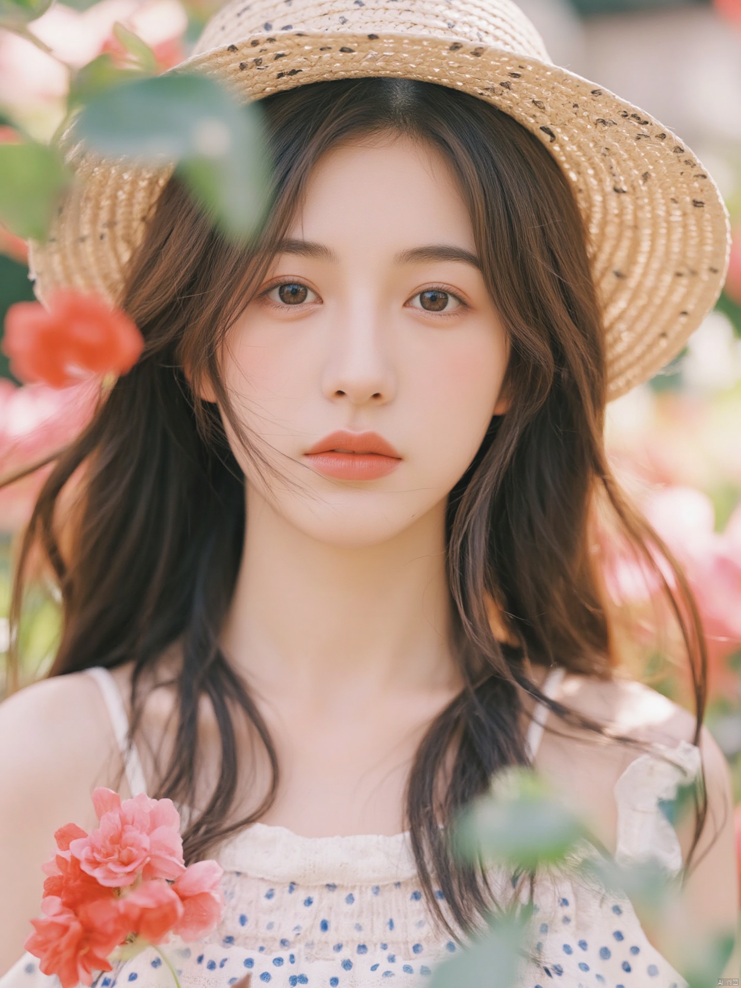 Fujifilm\(hubggirl)\, a close-up shot captures a young Asian woman with long dark brown hair, wearing a straw hat adorned with black dots. She is wearing a white sleeveless shirt with a blue and white dotted pattern. Her left hand is holding a red flower, adding a touch of color to the scene. The background is blurred, suggesting a garden of flowers, adding depth to the composition.