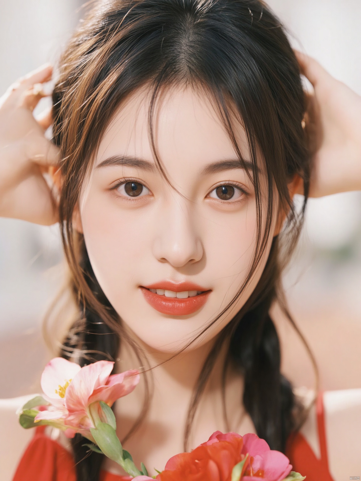 Fujifilm\(hubggirl)\, a close-up shot of a young Asian woman with long dark brown hair, wearing a red sleeveless dress, is adorned with a white smile. Her lips are painted with red lipstick, adding a pop of color to her face. The woman's hair is pulled back, cascading down her shoulders, framing her forehead. She is holding a flower in her right hand, her left hand resting on her head. The background is blurred, creating a soft glow on the woman's face.