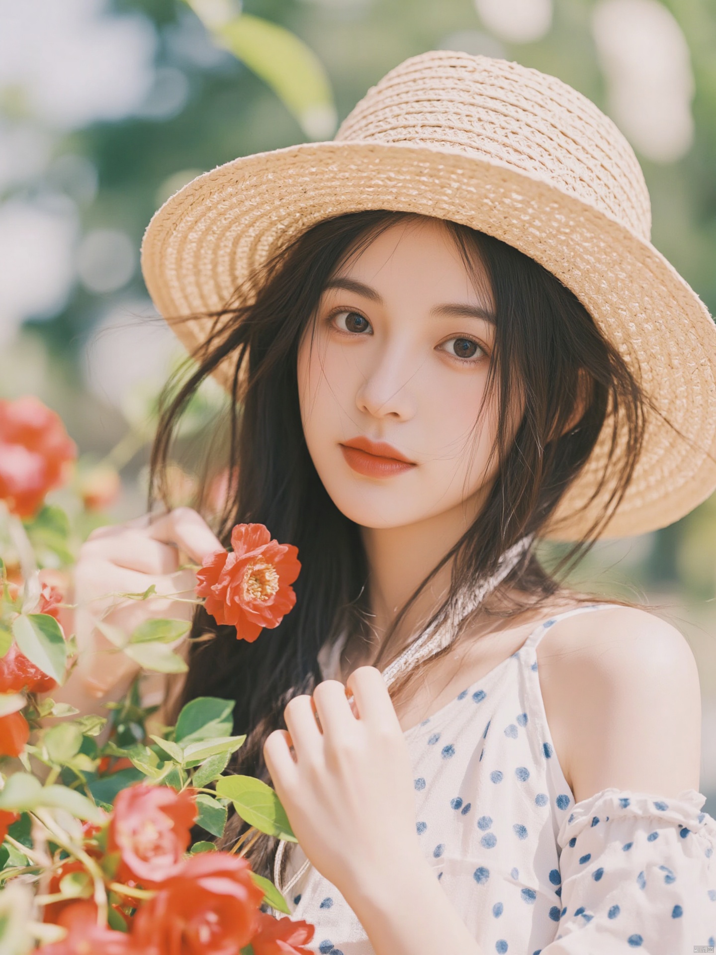Fujifilm\(hubggirl)\, a close-up shot captures a young Asian woman with long dark brown hair, wearing a straw hat adorned with black dots. She is wearing a white sleeveless shirt with a blue and white dotted pattern. Her left hand is holding a red flower, adding a touch of color to the scene. The background is blurred, suggesting a garden of flowers, adding depth to the composition.