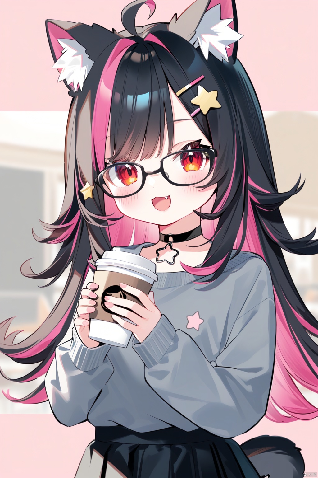 1girl, animal_ears, red_eyes, multicolored_hair, black_hair, skirt, solo, holding, ahoge, cup, disposable_cup, shirt, coffee_cup, smile, fang, holding_cup, glasses, open_mouth, looking_at_viewer, colored_inner_hair, hair_ornament, cat_ears, animal_ear_fluff, virtual_youtuber, black_skirt, star_hair_ornament, :d, pink_hair, choker, star_\(symbol\), two-tone_hair, blush
