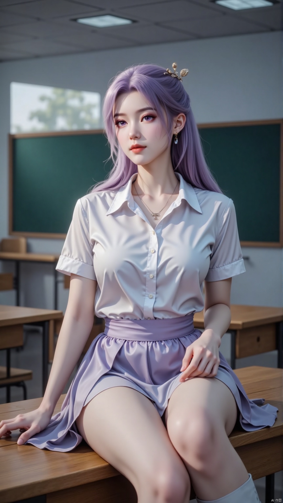 Depth of field, ultra clear, ultra-high resolution, 8k, well structured, masterpiece, surrealism, details, textures, conceptual artwork, atmosphere, clear background, movie lighting technology,
A Korean woman, solo. Dynamic perspective, gradient posture, light makeup, purple hair, hair accessories, necklace, earrings, white shirt, Jk short skirt, silk material clothing, short sleeves, waist cinching, pale face, snow-white skin, purple eyes, exposed legs, long boots, perfect body proportion, slim.
Indoor, classroom, blackboard, table.