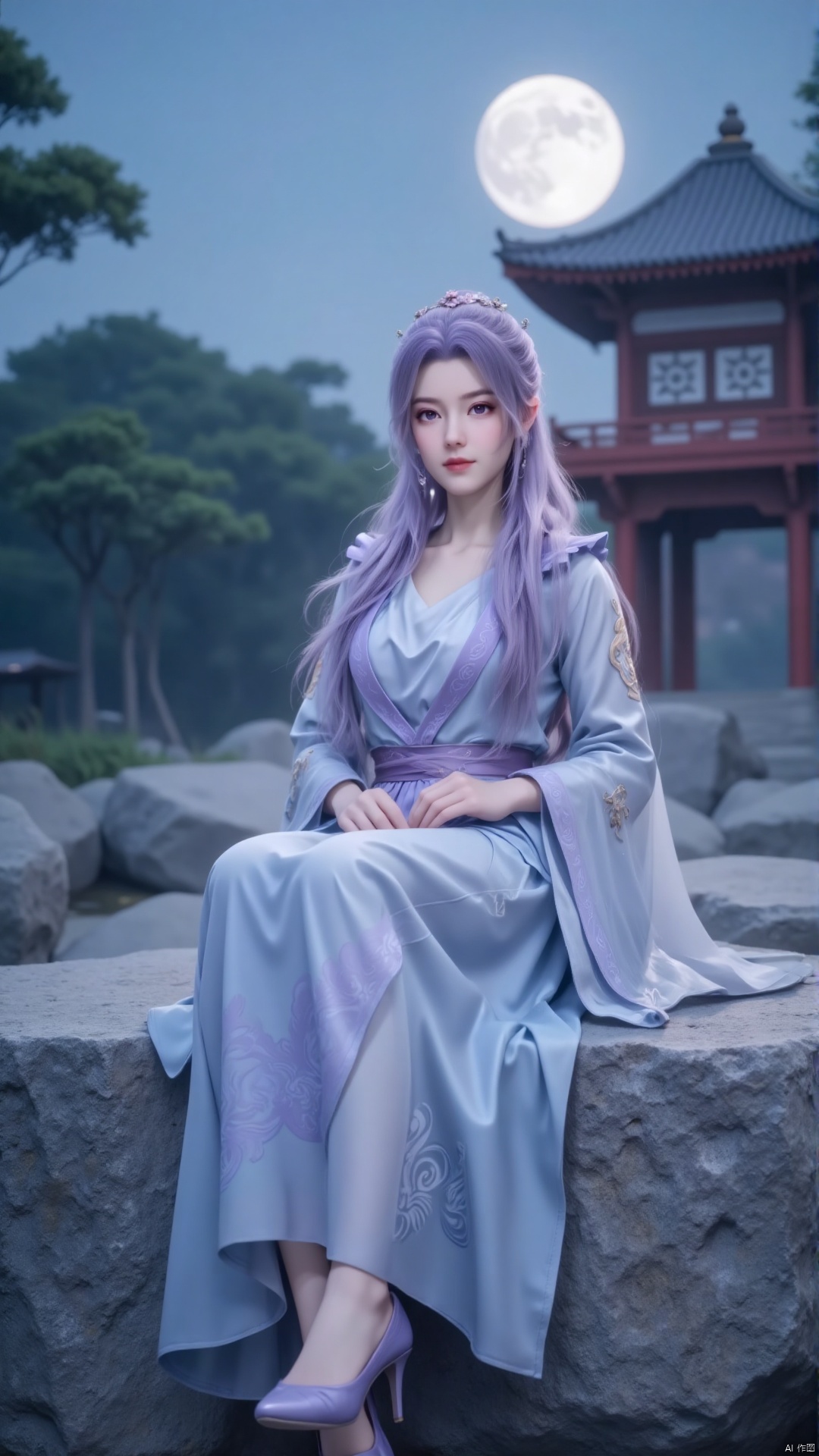 a woman with long, wavy purple hair is seated on a large gray rock. She is dressed in a light blue dress with a purple belt around her waist. Her dress is adorned with a flower in her hair, adding a touch of beauty to the scene. In the background, a pagoda-like structure stands out against a backdrop of trees and a moon.