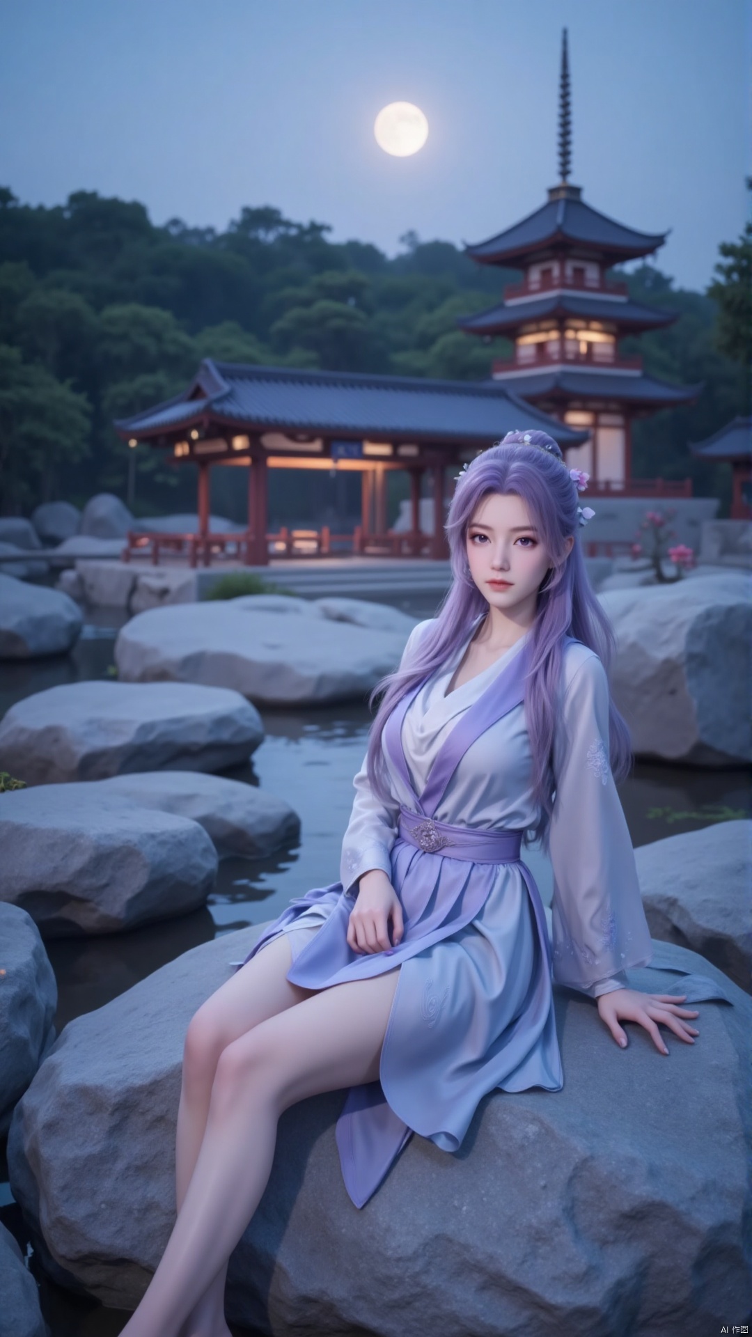 a woman with long, wavy purple hair is seated on a large gray rock. She is dressed in a light blue dress with a purple belt around her waist. Her dress is adorned with a flower in her hair, adding a touch of beauty to the scene. In the background, a pagoda-like structure stands out against a backdrop of trees and a moon.