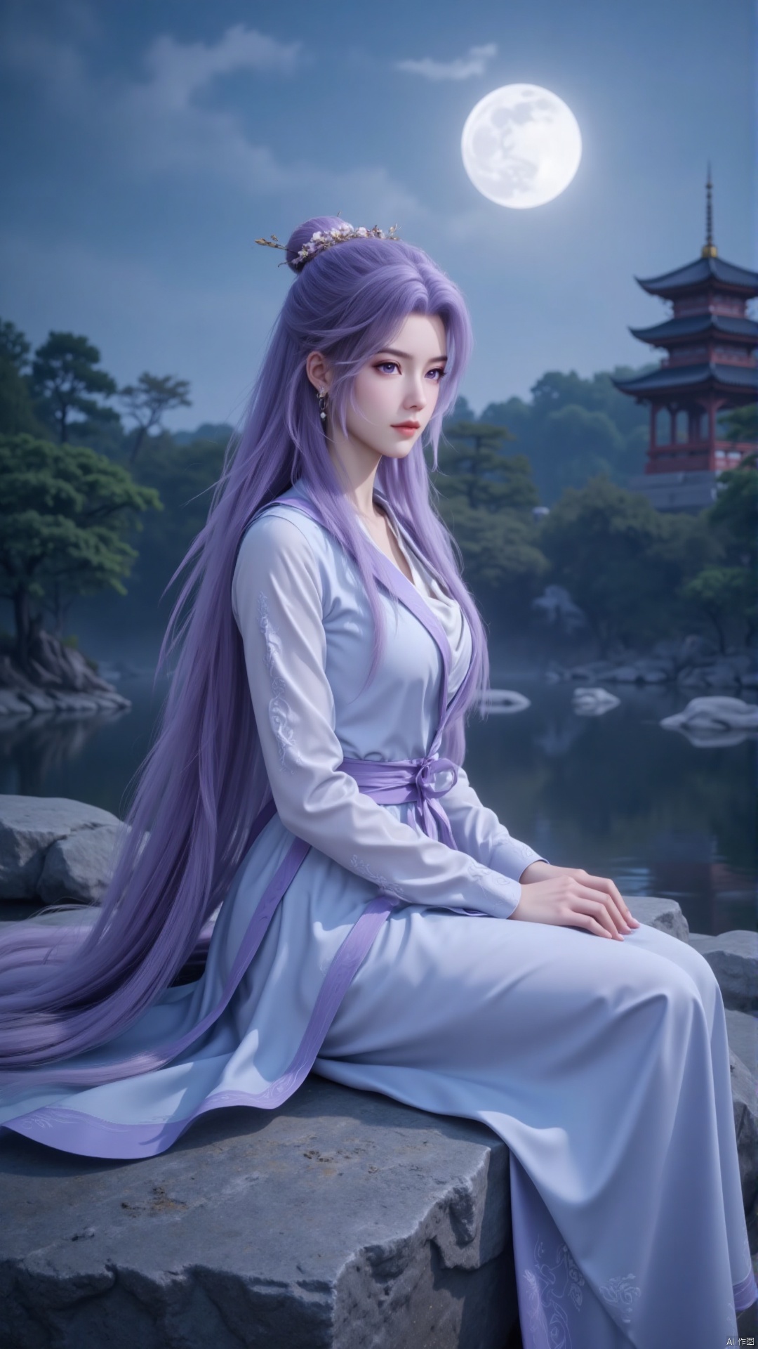 a woman with long, wavy purple hair is seated on a large gray rock. She is dressed in a light blue dress with a purple belt around her waist. Her dress is adorned with a flower in her hair, adding a touch of beauty to the scene. In the background, a pagoda-like structure stands out against a backdrop of trees and a moon.