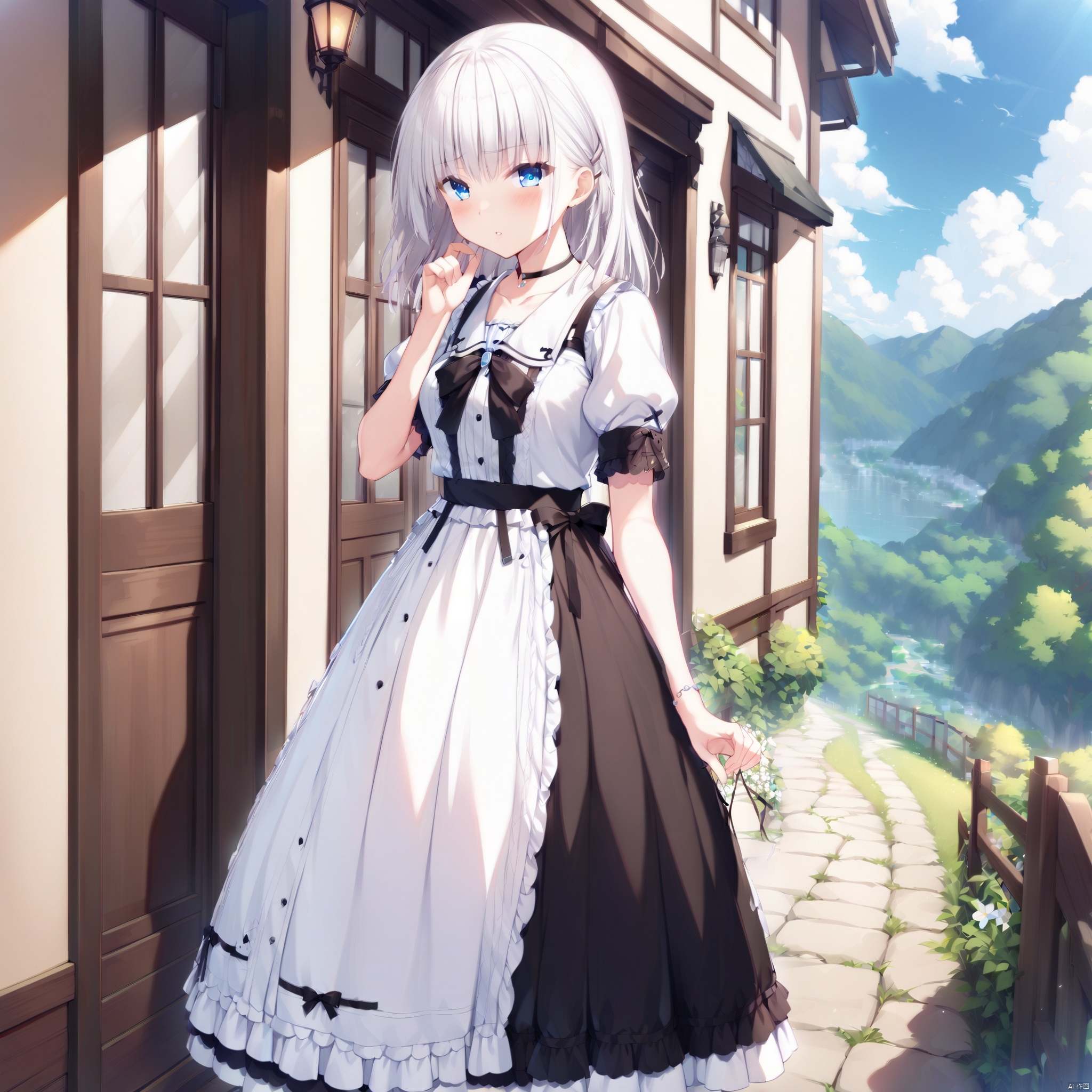 1girl,SHIROHA,outdoors,lolita_fashion,white_hair,wallpaper,high quality,scenery,((normal fingers))
