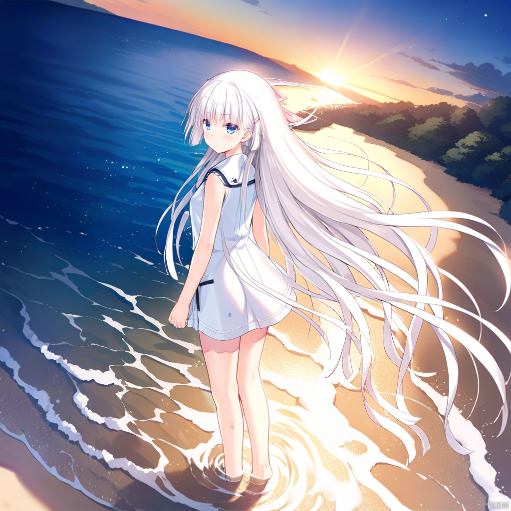 SHIROHA,(back facing viewer),(facing ocean),dawn,sun rising a little from horizon,wallpaper,from above,sand,bare_foot,wading,depth of field,((high quality)),rays,(white hair:1.13),very long_hair,((floating hair)),wind,strong rim light,night_sky