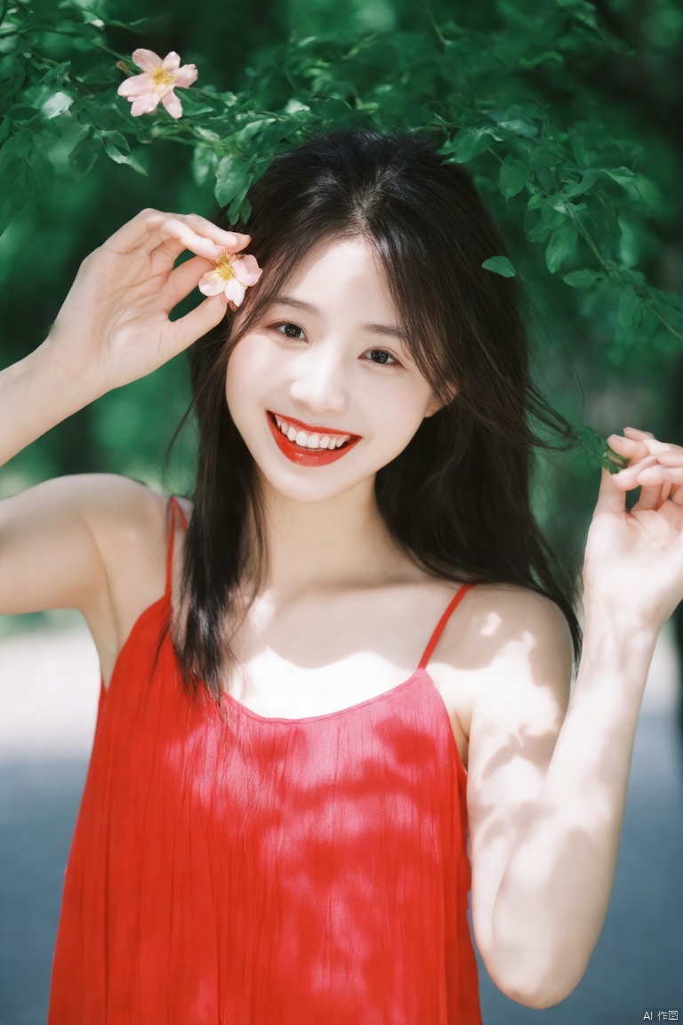 Fujifilm\(hubggirl)\,  a close-up shot of a young Asian woman with long dark brown hair,  wearing a red sleeveless dress o...