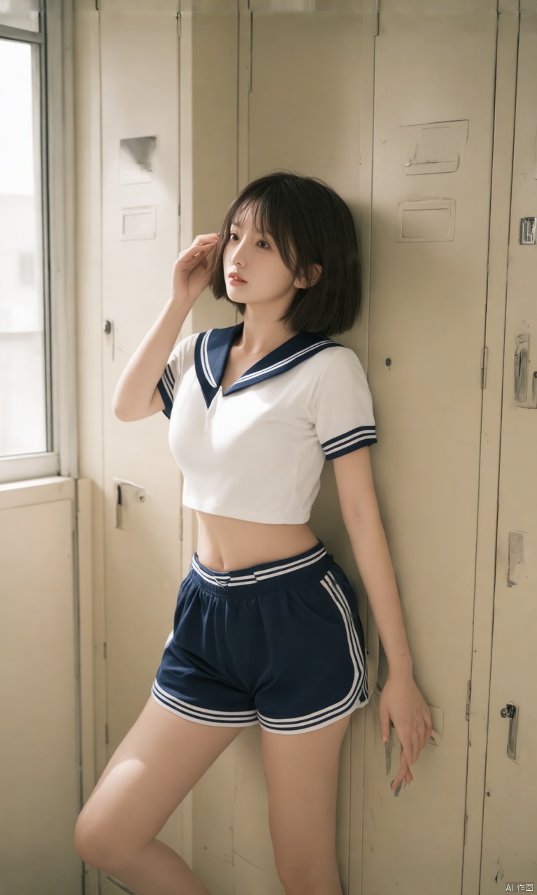 The image is a high-resolution photograph of an Asian woman standing in what appears to be a locker room. She is facing away from the camera, turned slightly to her left, and is leaning against a beige locker door with her right hand. Her skin is fair, and she has a slender, petite build with small breasts. She has straight, dark hair cut into a chin-length bob with bangs that frame her face. Her outfit consists of a white short-sleeved top with navy blue trim on the sleeves and collar, and navy blue high-waisted shorts with white stripes along the sides. The shorts accentuate her hips and buttocks, highlighting her curvaceous figure. The background includes more beige lockers lining the walls, and there is a window on the left side of the image, allowing natural light to filter in, casting a soft, bright glow on the scene. The overall atmosphere is clean and utilitarian, typical of a sports or school locker room setting. The photograph captures a moment of casual yet slightly provocative pose, emphasizing the subject's youthful and athletic appearance.