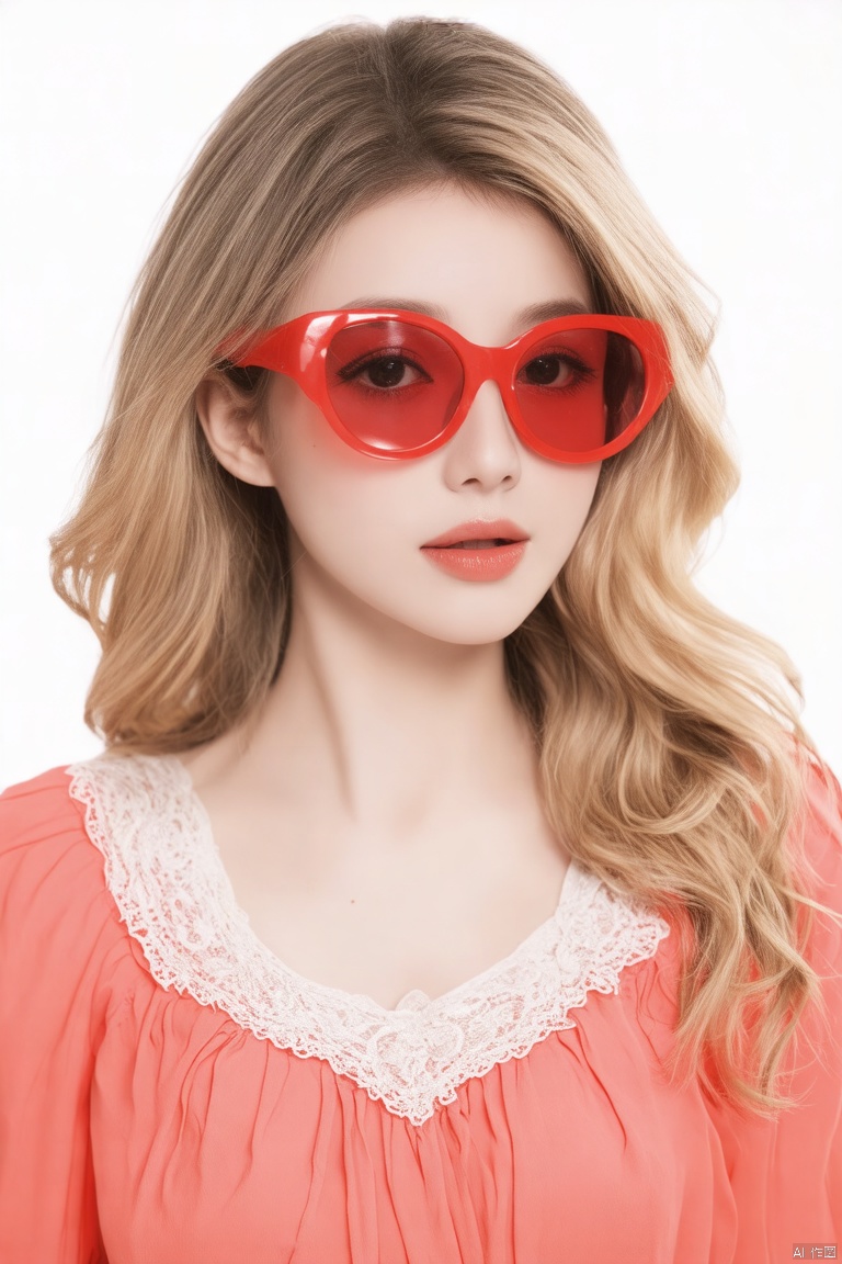 A close-up portrait of a woman with blonde hair cascading over her shoulders, wearing vibrant red-tinted sunglasses. Her face is framed by soft waves of hair, and she has a salmon-colored blouse with delicate white lace trim at the neckline. Her lips are pursed gently, adding a warm touch to her expression. The background is a pure white, creating a sharp contrast with her outfit and features, making her stand out. The lighting is soft, with a high level of detail and clarity, capturing the textures of her blouse, hair, and sunglasses reflection. Masterpiece, ultra-realistic, high detail, vibrant colors, high-resolution