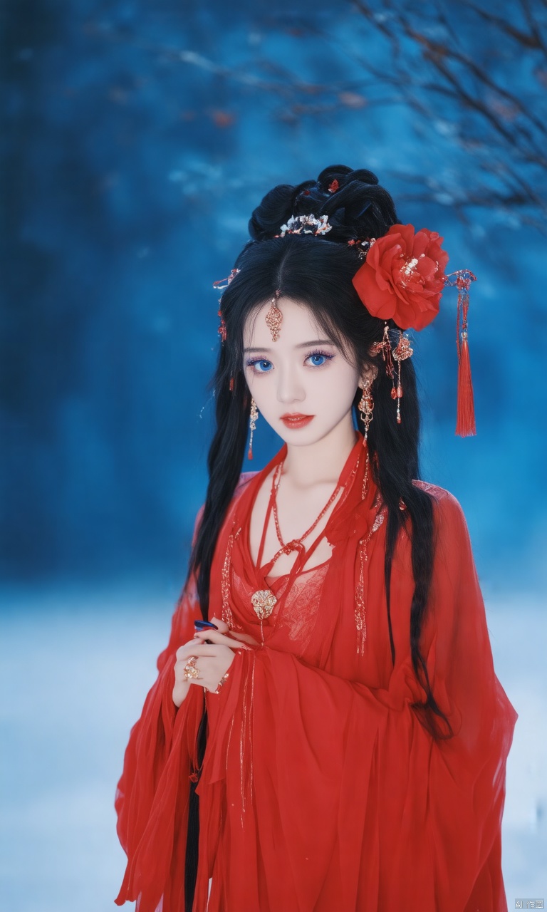 Fujifilm\(hubggirl)\, A mystical Chinese beauty stands solo, gazing directly at the viewer. Her piercing blue eyes sparkle under a cascade of black hair adorned with a hair ornament and tassel. She wears intricate jewelry, including earrings that catch the light. A stunning red flower rests on her upper body, surrounded by long sleeves with wide cuffs. Her fingernails are painted to match the red hue, and her eyelashes flutter delicately. A talisman hangs from her neck, adding to the blue theme. The model's makeup is subtle yet striking, with a focus on eyeshadow that complements her ethereal gaze.