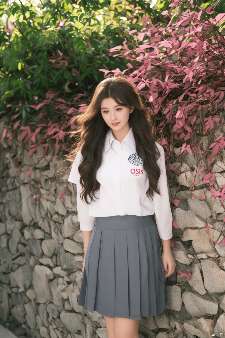 A woman with long flowing hair wears a school uniform consisting of a white shirt and gray skirt, featuring a rice logo and curved cotton on the pocket with the words OSIS. She stands in front of a stone wall covered in plants, including striking pink leaves. The background is lush and vibrant, with the pink leaves creating a striking contrast. The image lighting is dramatic, casting a warm glow that highlights the textures of the uniform and the stone wall, making a strong visual impression.