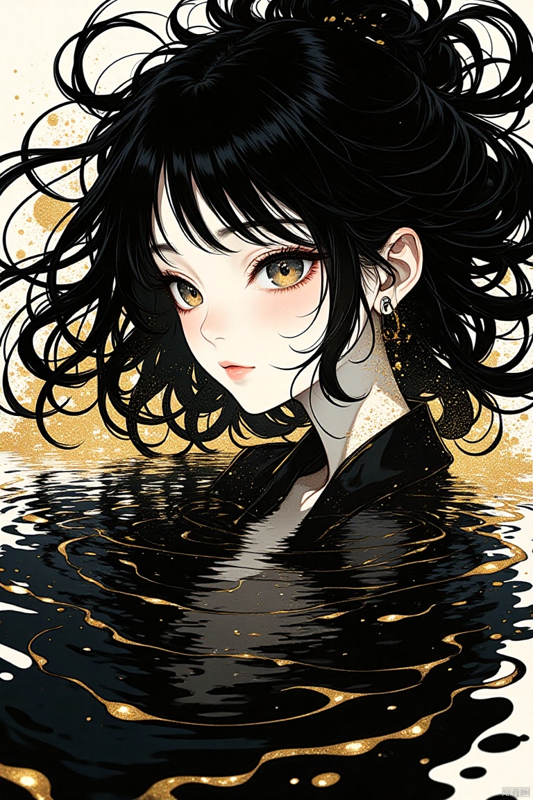 (in Otomo Katsuhiro style:1.2), high-quality, masterpiece, a womanâs face reflected in a pool of black ink, the ink swirling and distorting her features as it moves, delicate lines of gold ink tracing abstract patterns on the surface, Style is Minimalistic with surreal elements, Micro-detail ink textures, flowing liquid motion, soft reflection blur, dark ambient mood, (elaborately detailed attire with extraordinary elements:1.1), (hyperdetailed:1.1), (intricate details:1.0), (Refined details:1.1), (best quality:1.1), (high resolution:1.2)
