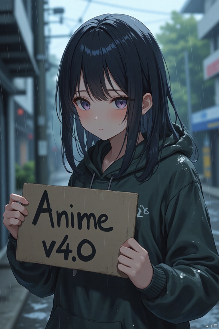 A girl from an anime looks really sad, raining,poverty,begging, looking at viewer,dirty,holding a sign. There's a caption on the sign that says, "Anime v4.0."
