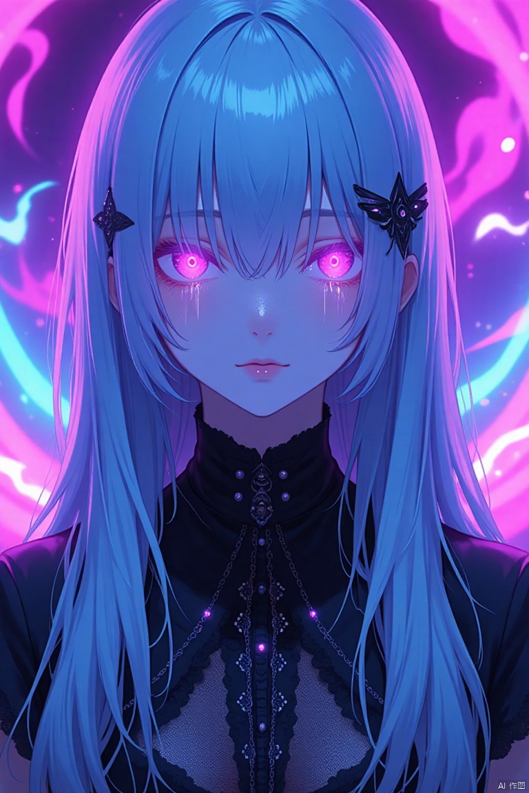 Close-up of an ethereal, pale-skinned young woman with long, straight, ice-blue hair and bangs covering her forehead. Her eyes are glowing magenta with dark, thin tears streaming down her cheeks, creating a ghostly, unsettling effect. She wears a high-neck, intricate, gothic-style black garment adorned with subtle chains, giving her a mysterious, dark allure. Background of swirling neon colors, shifting between magenta, electric blue, and deep violet, forming abstract spirals and waves that fade toward the edges. Subtle glowing symbols float among the colors, adding a hint of mysticism. Soft mist rises from the bottom, creating a dreamlike atmosphere.  