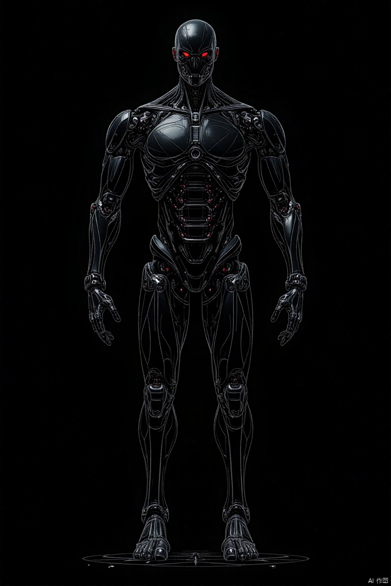 digital illustration of a T800 robot, wireframe grid, black background