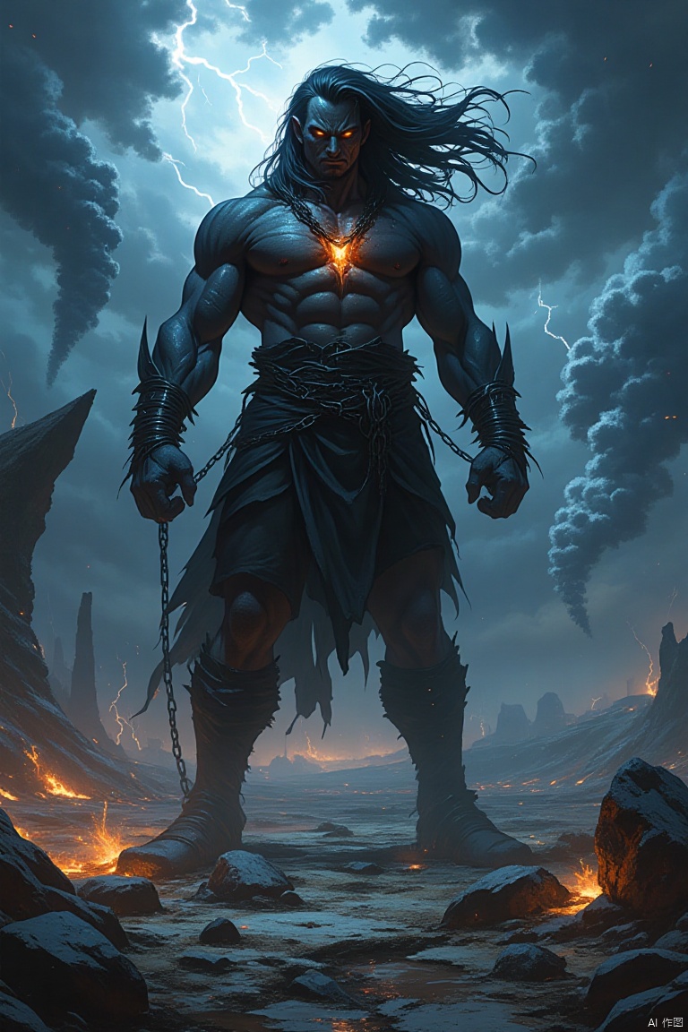In a stormy wasteland where lightning forks across a sky of swirling black clouds, a towering figure with dark obsidian skin stands chained to a crumbling stone pillar. His eyes, glowing like molten lava, burn with an ancient, untamed power, even as his tattered cloak whips wildly in the wind. His muscular arms, bound by thick iron chains, strain against his restraints, while deep scars trace patterns across his skin, glowing faintly in the darkness. Surrounding him, the ground is cracked and scorched, with jagged rocks jutting up like the teeth of some long-dead beast. In the distance, colossal tornadoes twist and howl, throwing up clouds of ash and debris into the air, as lightning crackles ominously overhead. His long, black hair flows wildly in the tempest, and his breath comes in slow, heavy exhales, visible in the cold air. Behind him, a distant, shattered mountain looms like a broken sentinel, framed against the chaotic sky. The atmosphere is thick with the smell of sulfur and ozone, as the ground trembles with the distant rumble of thunder. This scene captures a moment of defiance against an unforgiving world, with raw power and elemental fury swirling all around.
