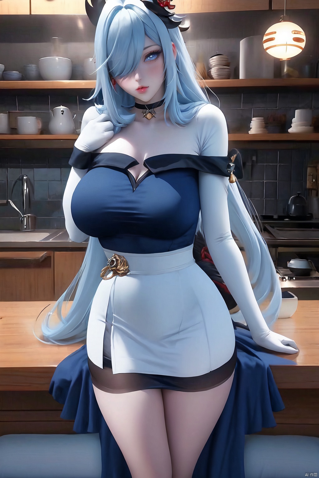 1girl
solo
long hair
breasts
looking at viewer
bangs
blue eyes
hair ornament
dress
closed mouth
blue hair
standing
white hair
alternate costume
choker
indoors
hair over one eye
black dress
lips
pale skin
photo background
shenhe \(genshin impact\)

