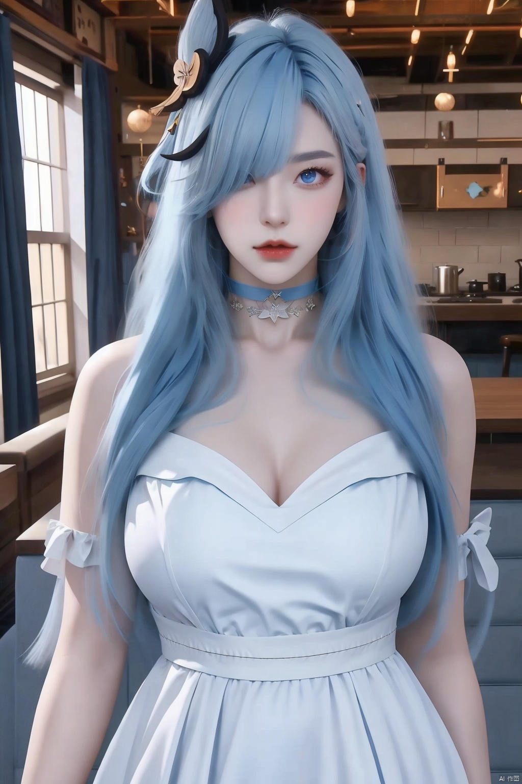 1girl
solo
long hair
breasts
looking at viewer
bangs
blue eyes
hair ornament
dress
closed mouth
blue hair
standing
white hair
alternate costume
choker
indoors
hair over one eye
black dress
lips
pale skin
photo background
shenhe \(genshin impact\)

